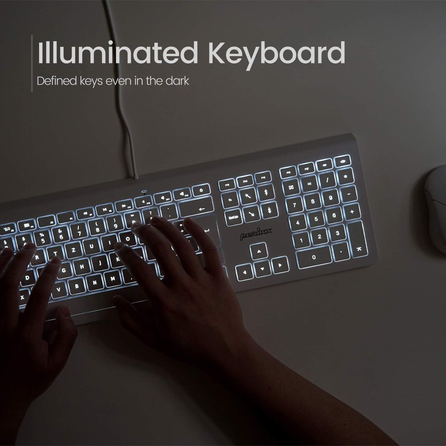 Perixx PERIBOARD-323 Wired Backlit Keyboard for Mac OS X, X Type Scissor Keys, White LED, Full Size Layout, US English Layout