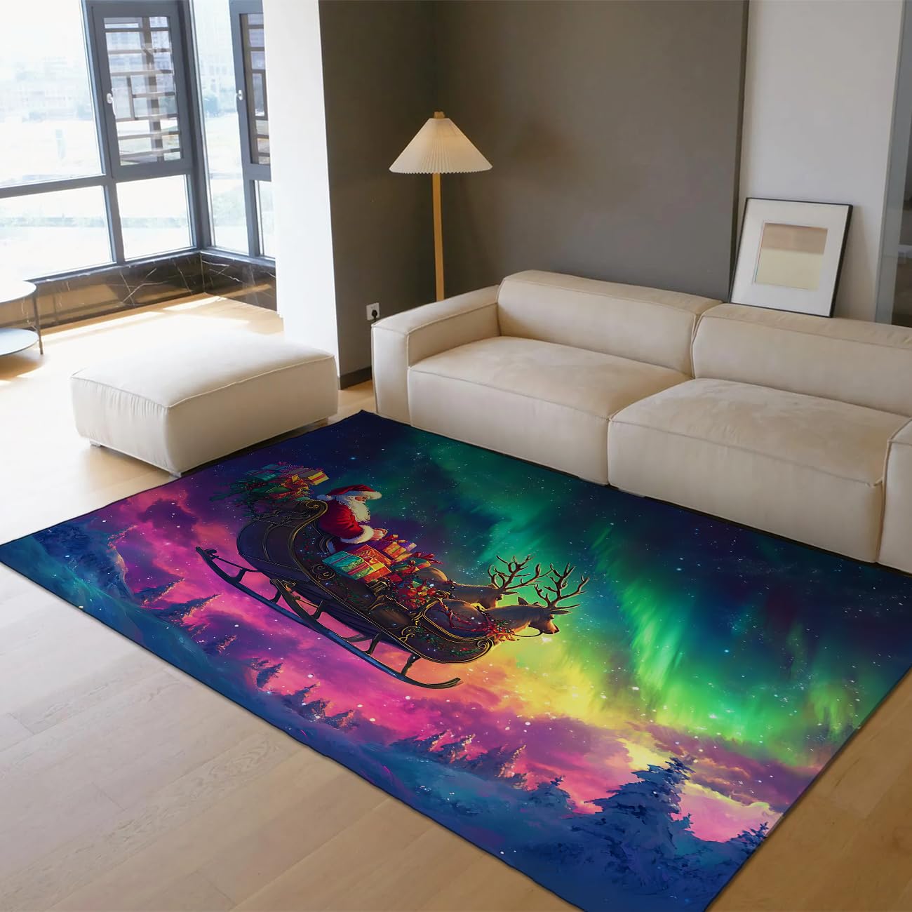 Tapis doux et fin Aurora 180x270cm lavable déco forêt de Noël pour entrée cuisine