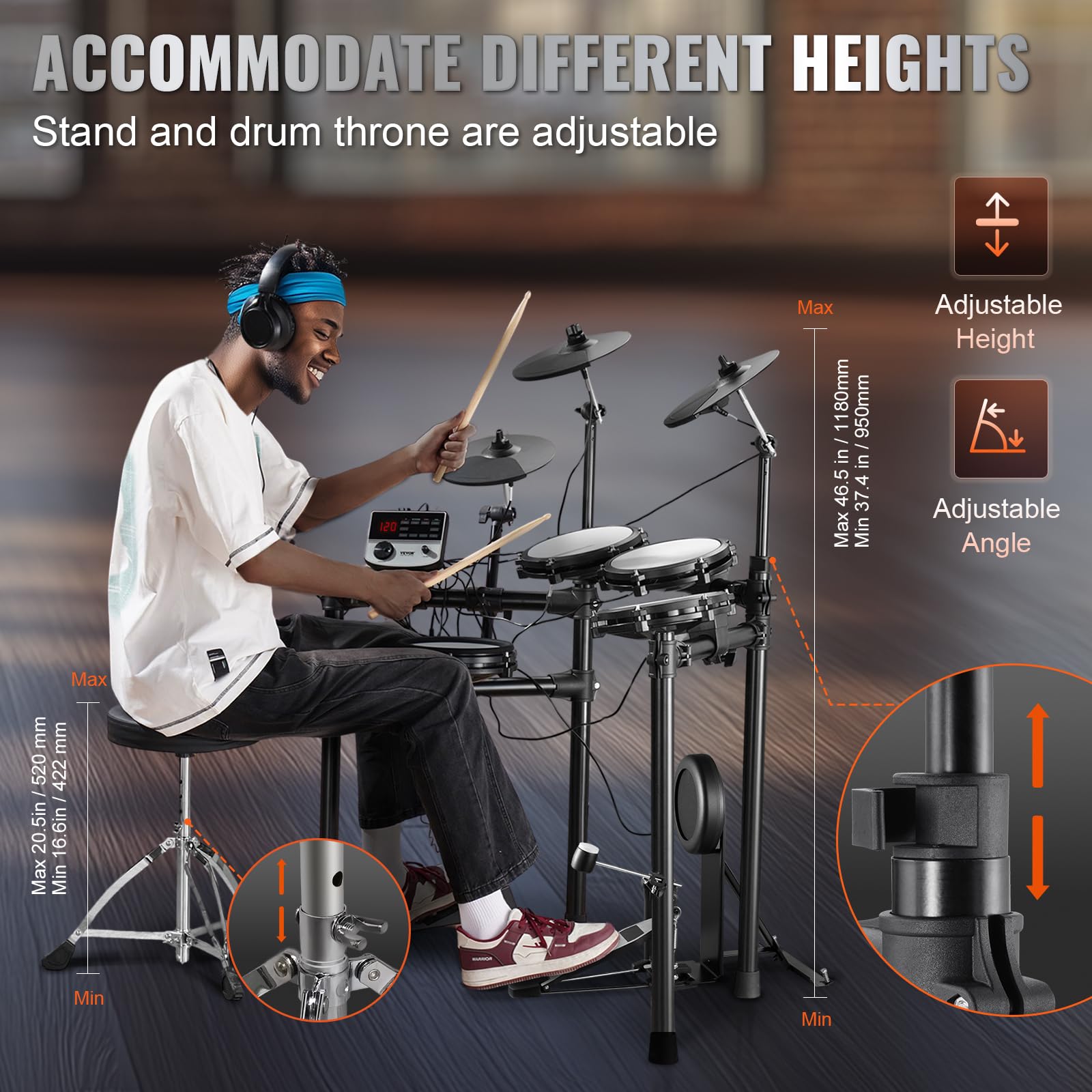 VEVOR E-Drum-Set, 32 Drum-Kits & 480 Sounds Elektronisches Schlagzeug, USB MIDI-unterstütztes 20,32 cm Leises Mesh-Snare-E-Drum-Set mit 25,4 cm Becken, Drum-Sticks & Kopfhörer, E-Drums