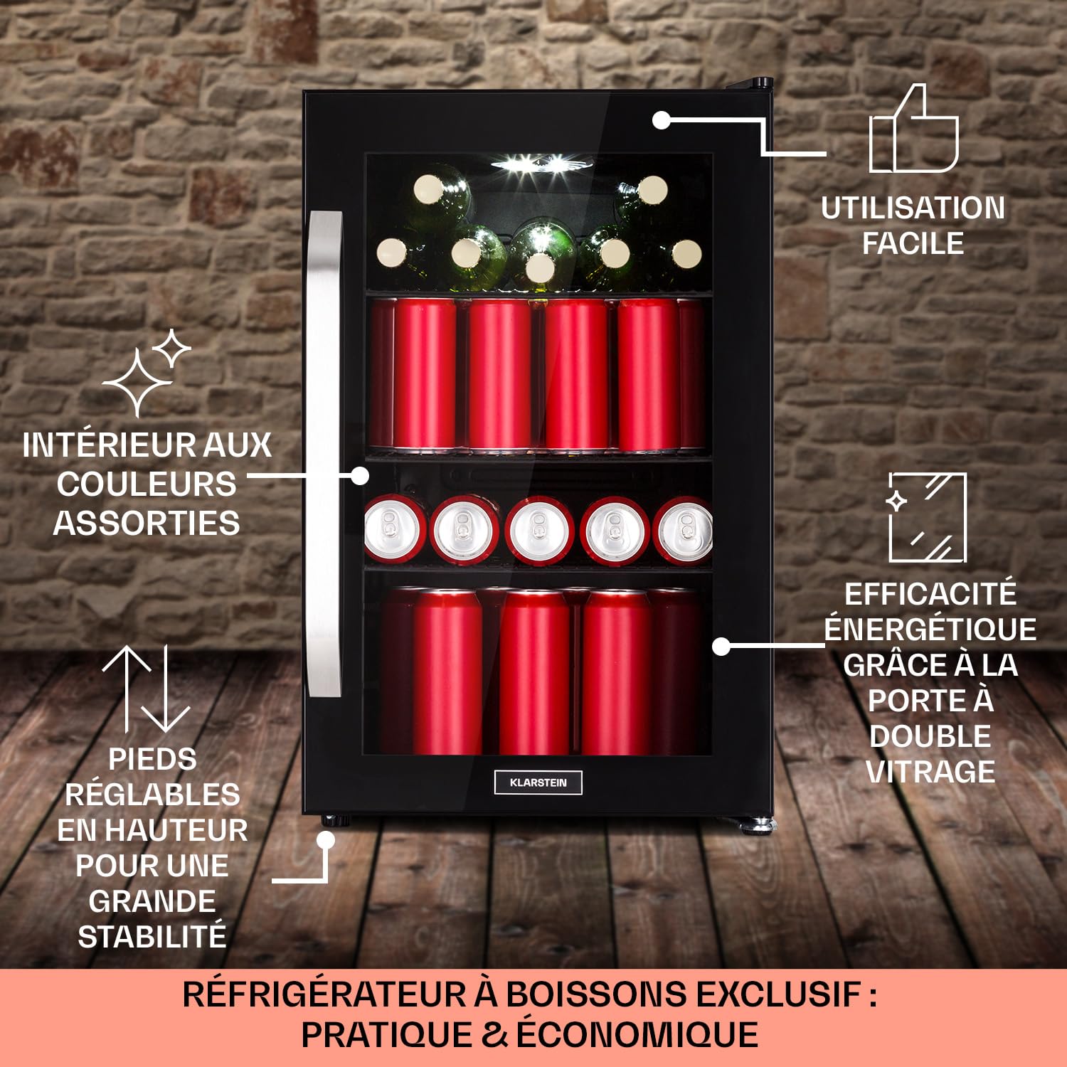 KLARSTEIN Réfrigérateur 70L, Mini réfrigérateur silencieux avec étagères amovibles, porte vitrée & LED, Adapté à l'extérieur, 0-10°C