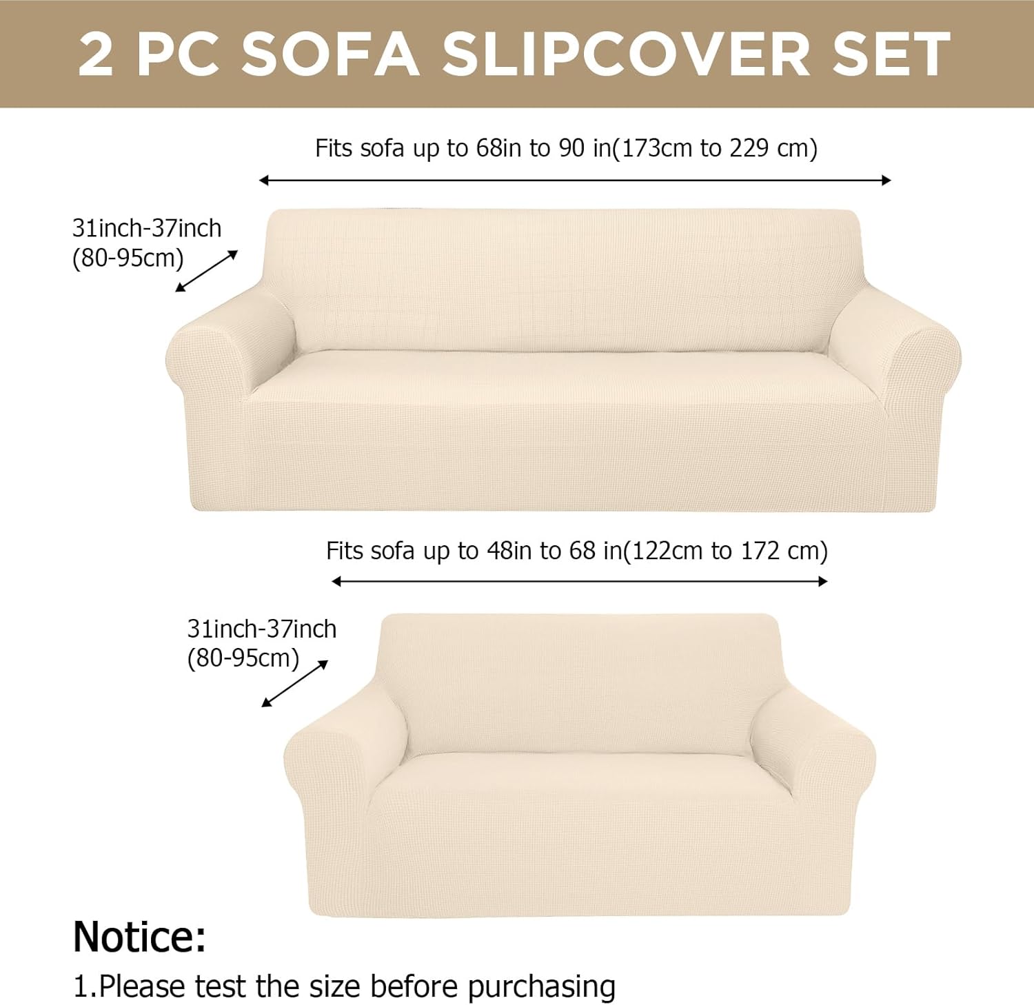 Peryiter 2 Pcs Sofa Covers Couch and Loveseat Covers Set Stretch Sofa Slipcover for Living Room Armchair Furniture Protector, Wrinkle Proof(Beige,Jacquard)