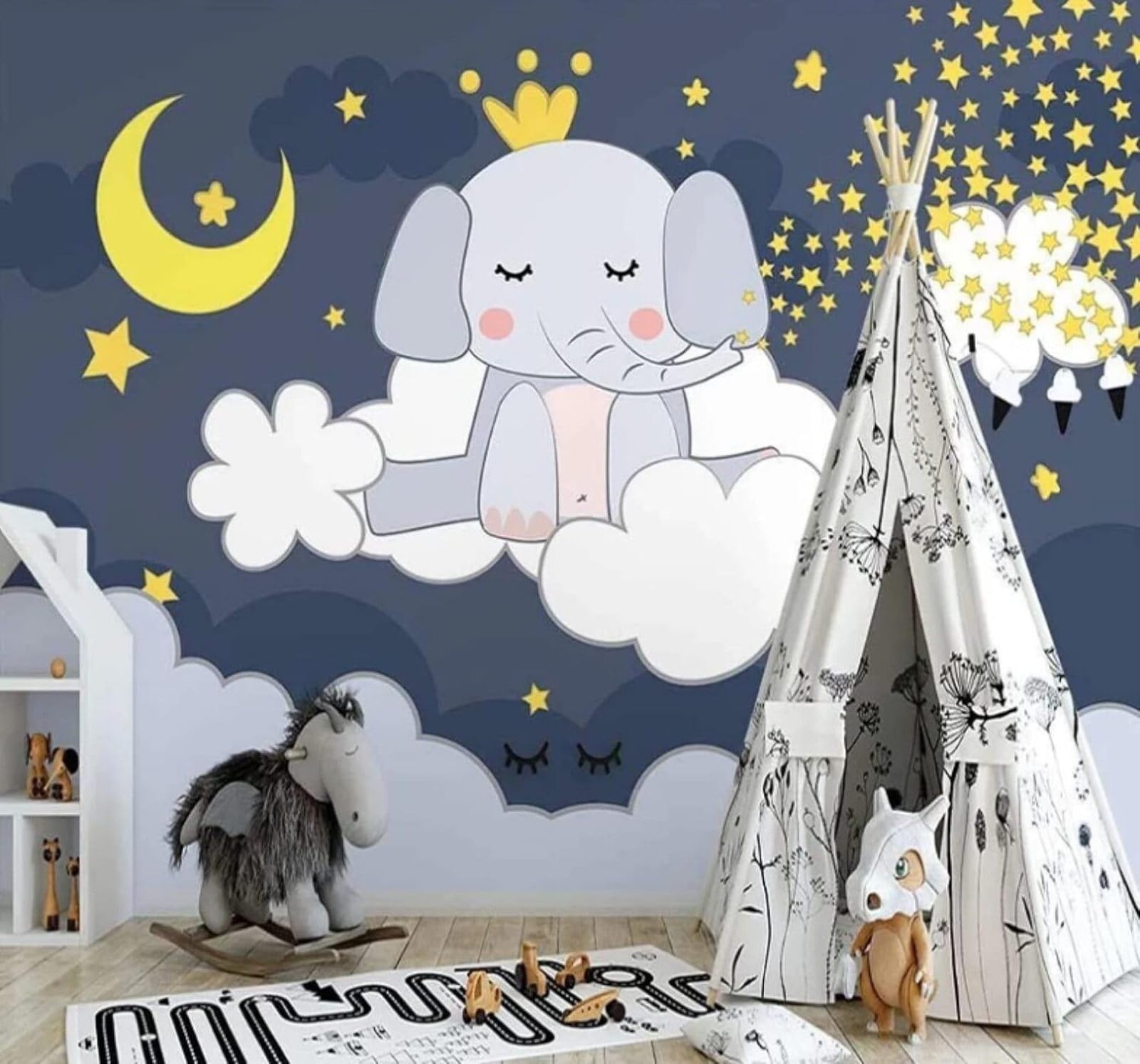 Hand Drawn Cartoon Baby Elephant Starry Sky and Moon 3D Wallpaper Easy Install Feature Office Living Room Sofa Bedroom TV Background Wall Decoration-400cm×280cm