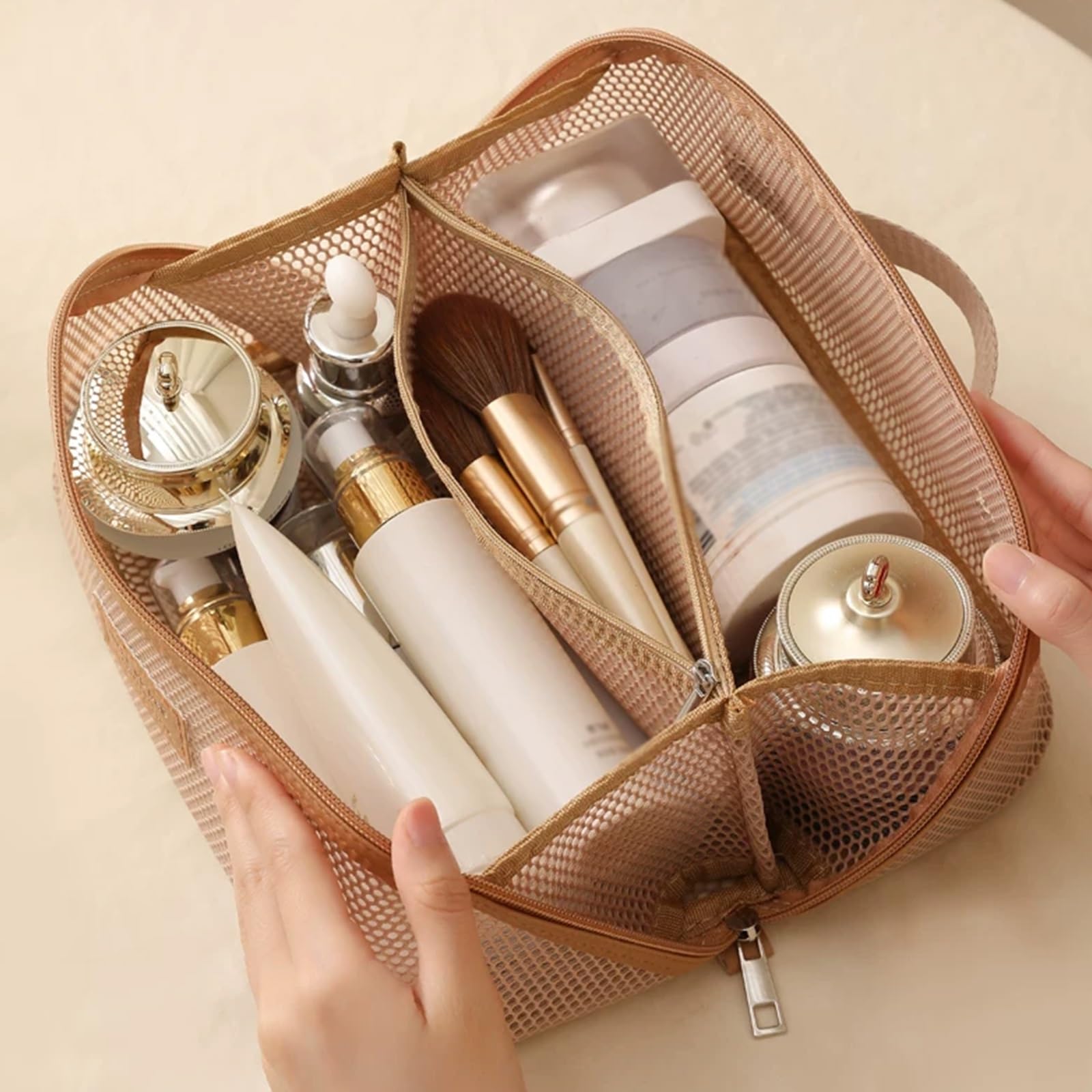 Beauty Case da Viaggio, Borsa da Toilette per Donna, Organizzata per Scomparti, Maniglia Morbida Il Trasporto, Cuciture Fini e Fitte, Leggera e Traspirante, Strutturata Elegante(Pink)
