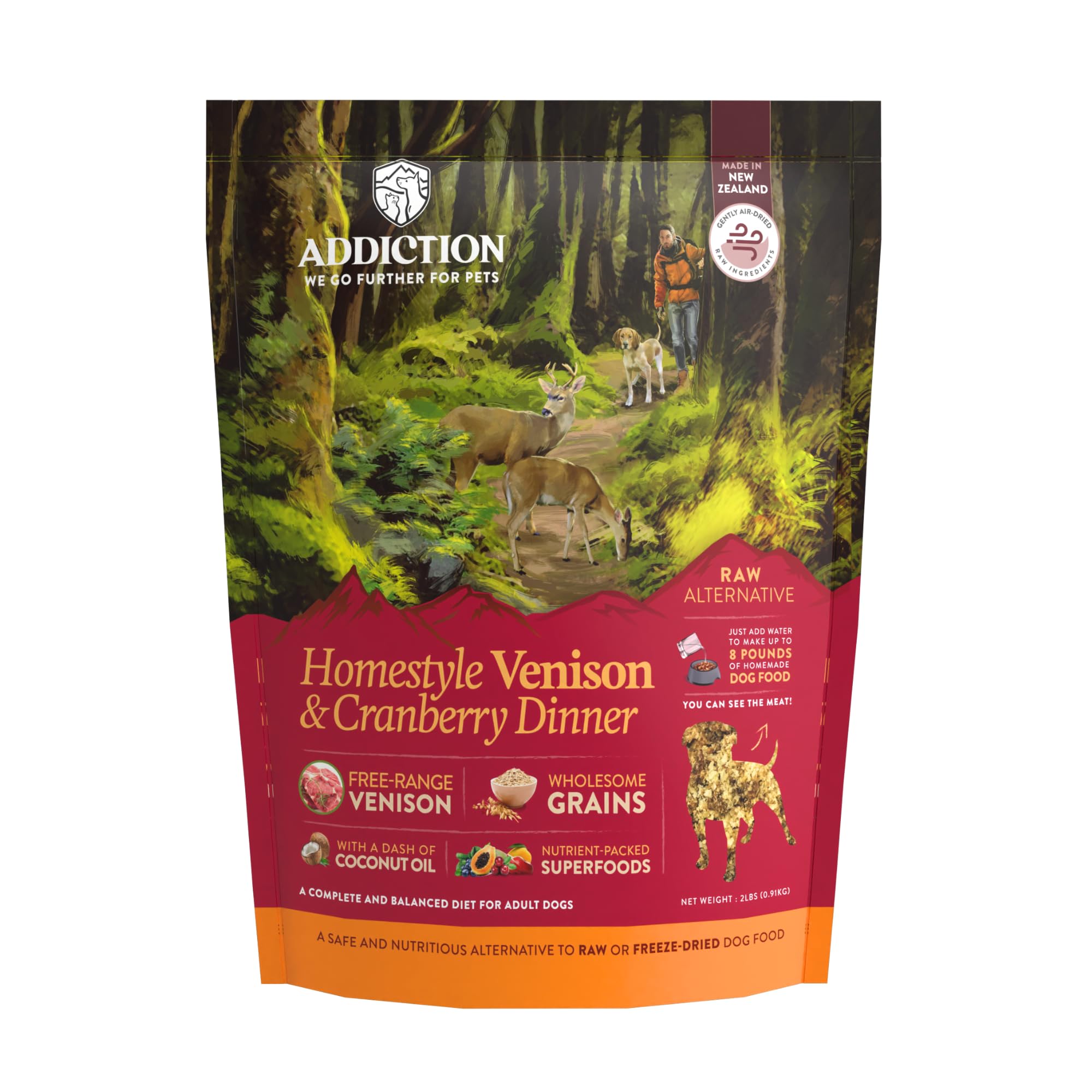 Addiction Homestyle Venison & Cranberry Dinner Raw Alternative Dog Food - Gently Air-Dried Complete Meal or Dog Food Topper for Digestive and Skin and