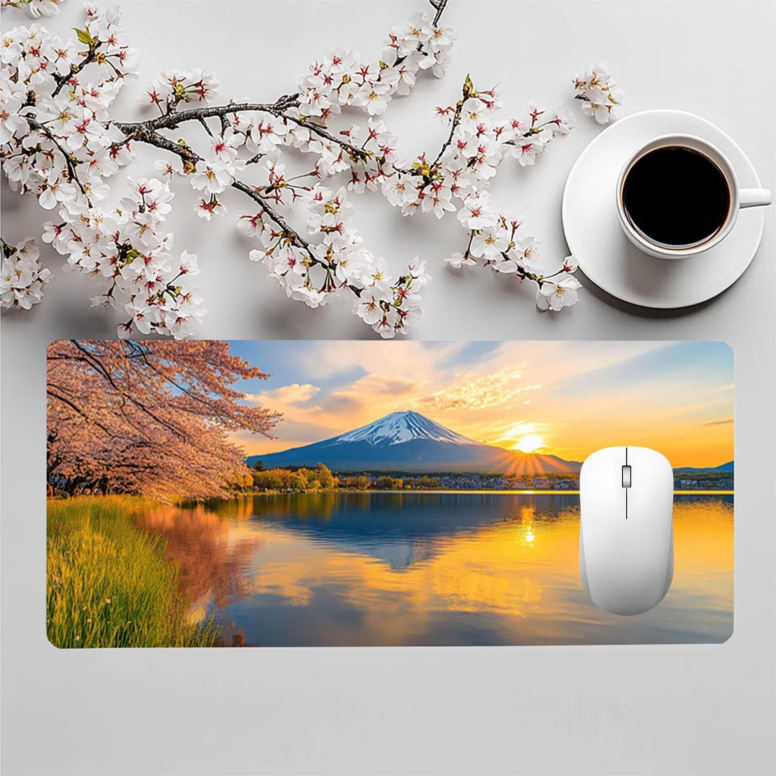 Podkładka pod mysz Mount Fuji Podkładka pod mysz xxL 1400x600x3mm, podkładka na biurko zachód słońca z antypoślizgową i wodoodporną gumową podstawą, poprawia precyzję i prędkość, biuro Deco GYL-1540