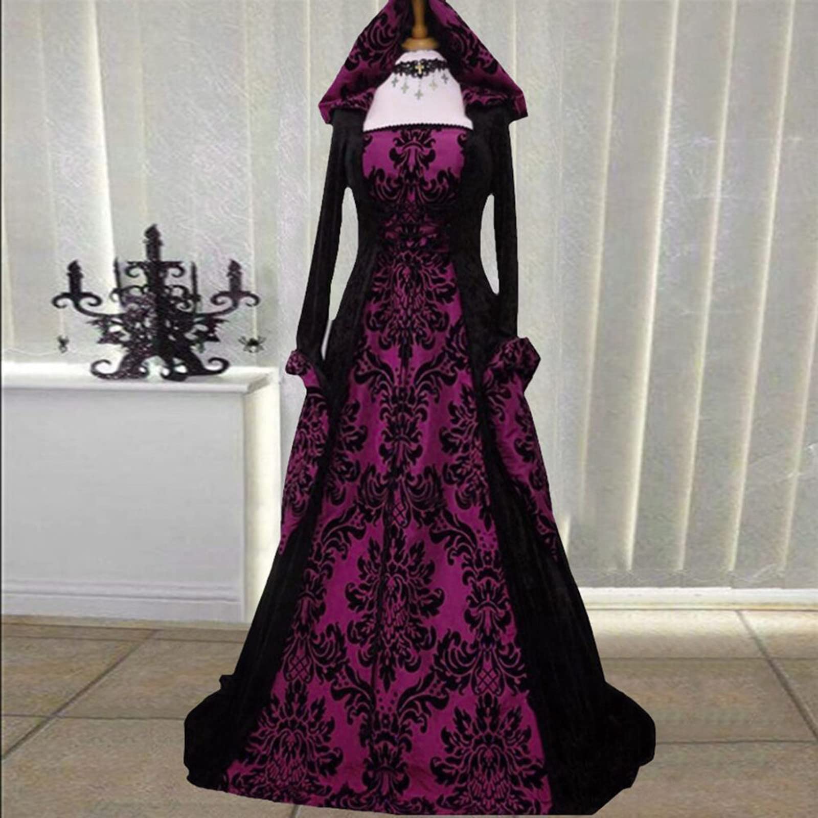 UXXNJFG Womens Halloween Costume Adult Plus Size Witch Costume Adult Medieval Ladies Halloween Costumes Sexy Victorian Medieval Dress Party Cosplay Retro with Hooded Carnival Purple S - Image 2