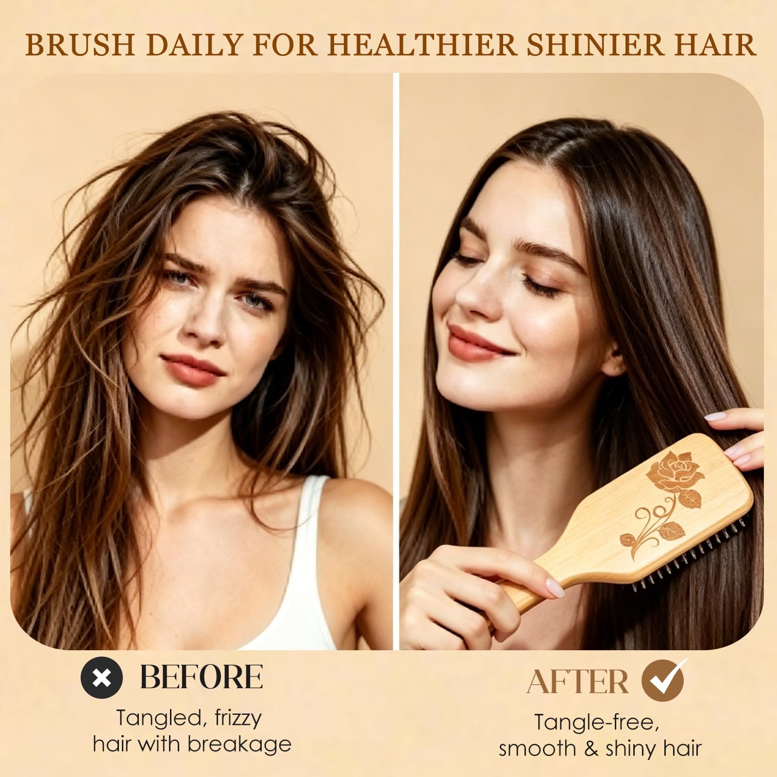 Bsisme Hair Brush-Boar Bristle Hairbrush with Detangling Pins Wooden Paddle Detangler Hairbrush for Women Men Reduce Frizz Dry Restore Natural Shine