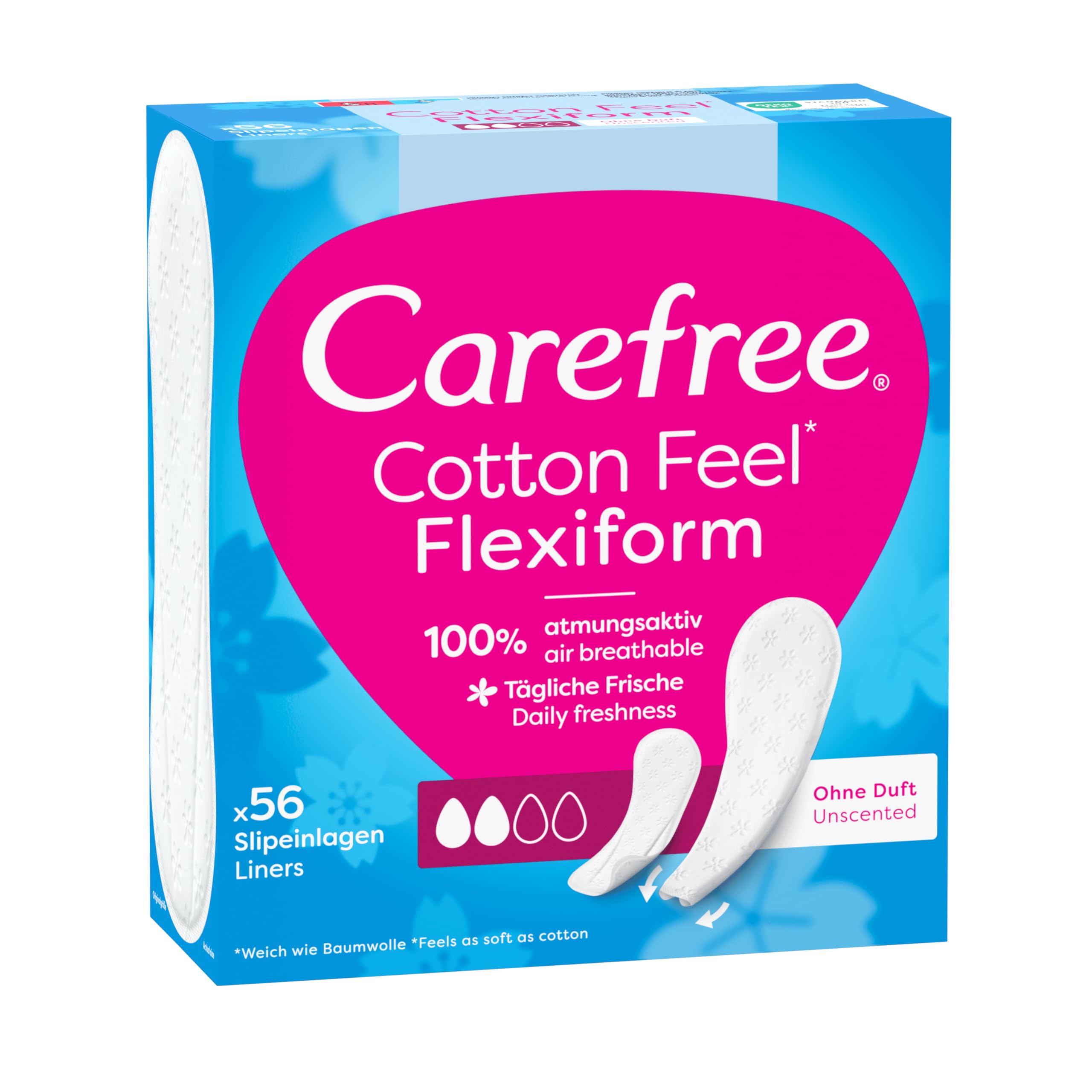 Carefree Cotton Flexi Form Unscented. Uniwersalne wkładki higieniczne do każdego rodzaju bielizny. Z ekstraktem z bawełny. Zapewniają długotrwałe uczucie suchości. Bezzapachowe. 56 sztuk (5er Pack)