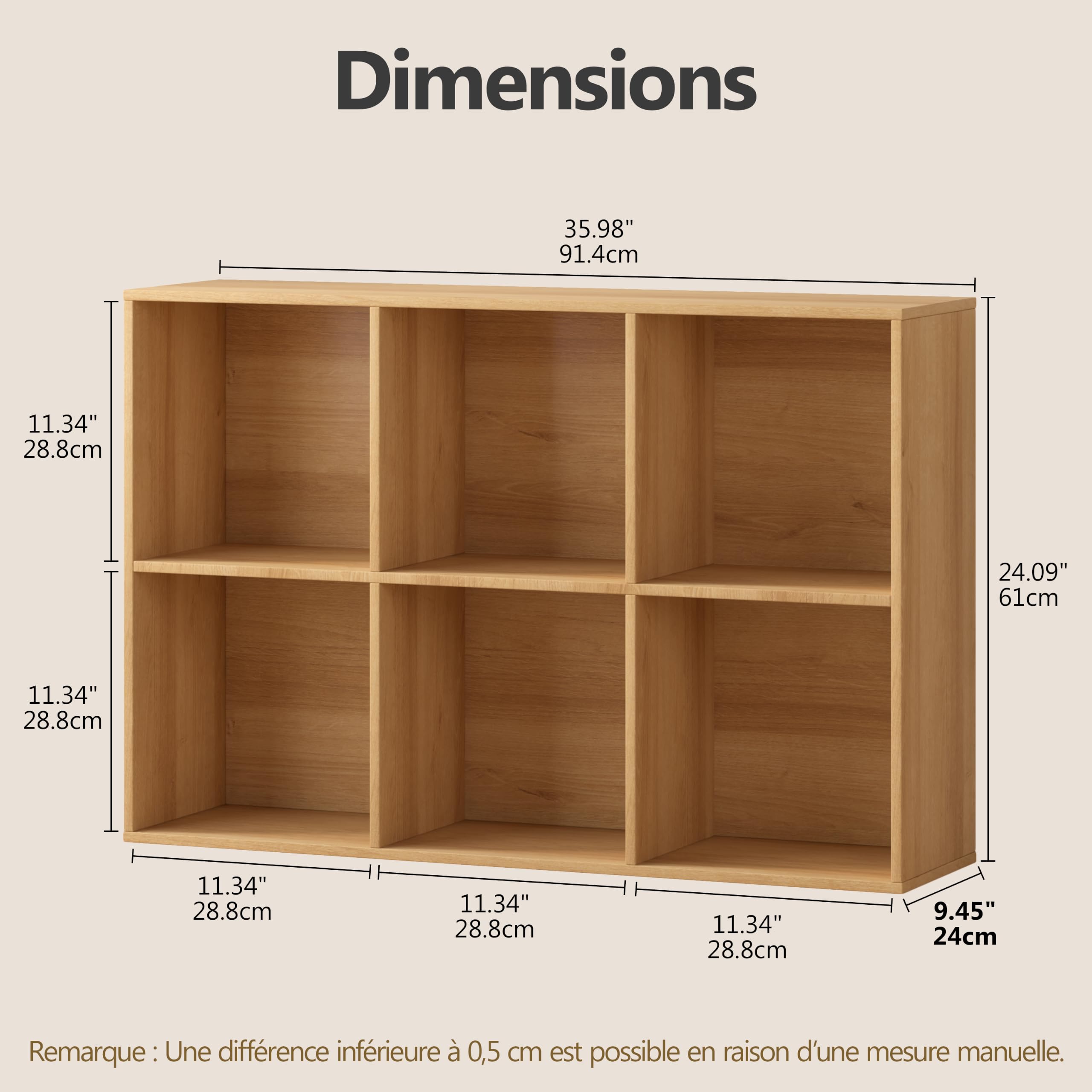 Bibliothèque Meuble de Rangement 6 Cubes, Étagère à Casiers en Bois avec Panneau Arrière, Bibliotheque Cubique, Armoire de Rangement Moderne Présentoir pour Chambre/Salon/Bureau, Chêne Naturel