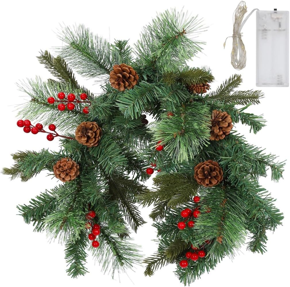 35 Lighted Pine Cone Mailbox Swag with 20 LEDs, Pine Needle Garland with Red Berries, Christmas Mailbox Decor for Holiday Season
