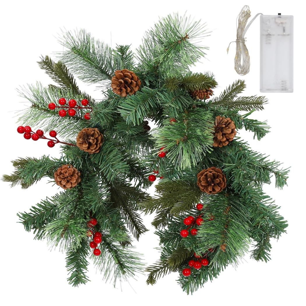 Ghirlanda natalizia a forma di pigna, 88 cm, con 20 LED con stringa di luce da 2 m illuminata, decorazione natalizia con bacche rosse invernali