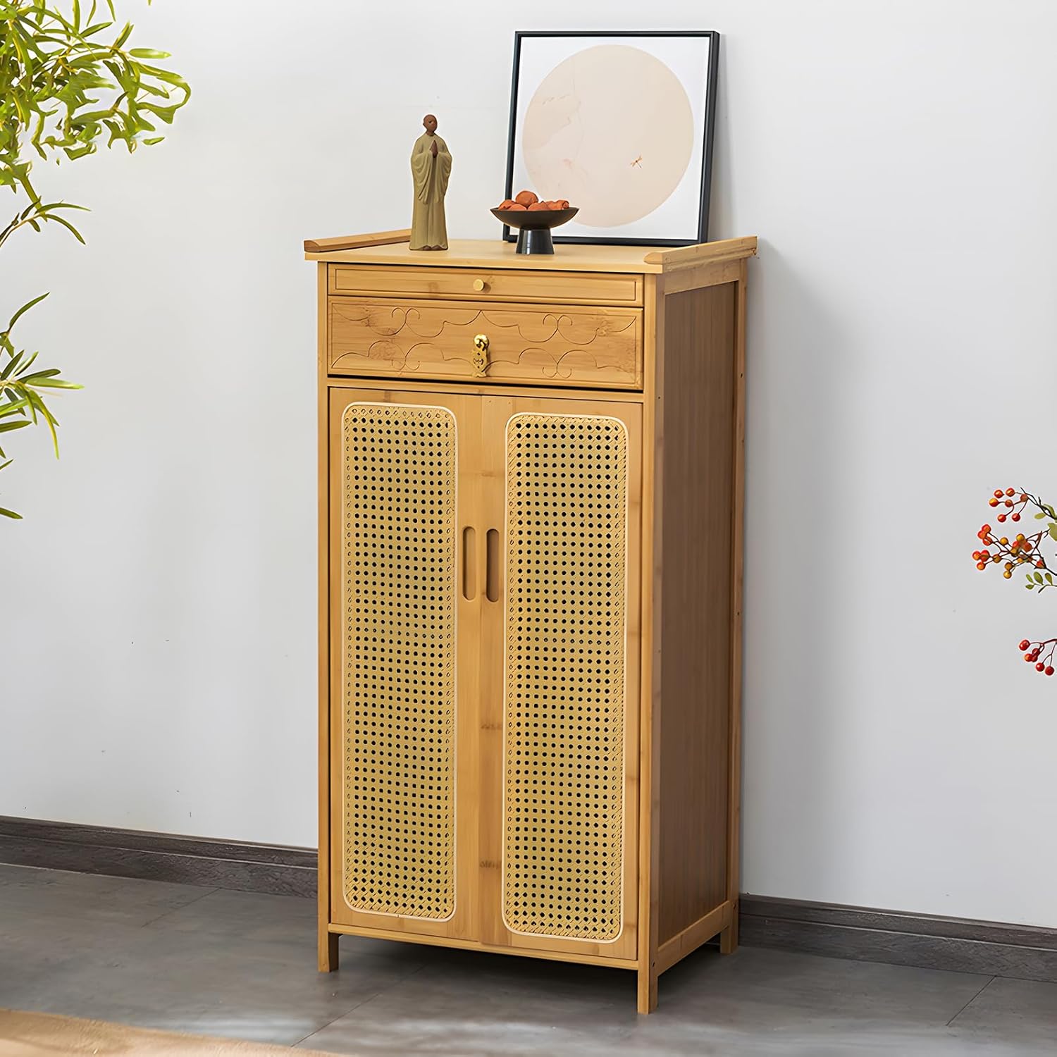 Bamboo Altar Table, Chinese Buddhist Altar Cabinet with Storage, Meditation Pooja Cabinet, Pedestal Offering Table for Living Room, Temple Worship