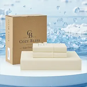 Cozy Bliss Premium Cooling Sheet Set Full Size, Q-Max>0.4, 3PCS No Flat Sheet with 2 Pillowcases, Breathable Fitted Sheet for Hot Sleepers & Night Sweats, Deep Pocket Up to 18 Inches, Cream White
