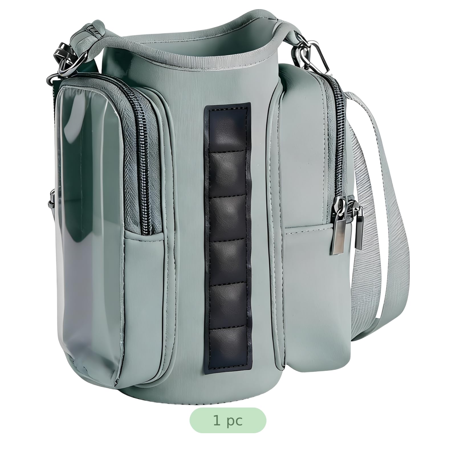 Neopren-Flaschen-Slingbag mit starker Befestigungskraft, mit Tasche, tragbare Becherhülle für das Fitnessstudio, Verstellbarer Schultergurt, durchsichtiges Handyfenster, Grau