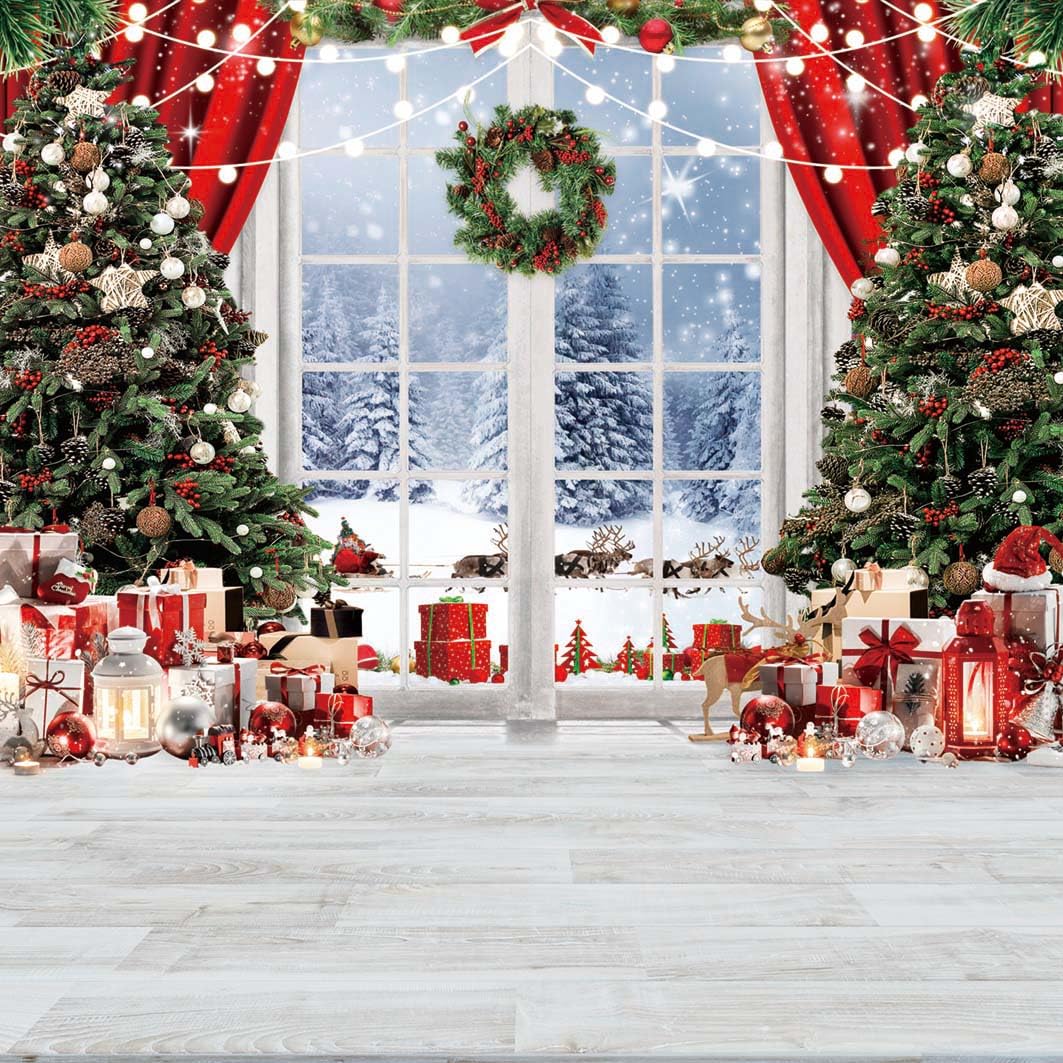 Renaiss 3x2m Sfondo di Natale per interni Finestra in legno Neve Albero di Natale Regalo Sfondo per la fotografia Festa Banner Famiglia Kid Ritratto Shooting Studio Puntelli
