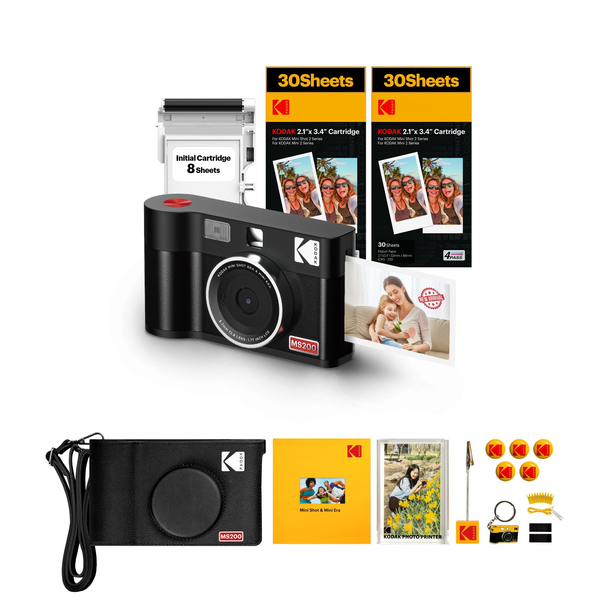 KODAKMini Shot 2 ERA 4PASS 2-in-1 Instant Camera and Photo Printer (Black, Camera + Initial 8 Sheets + 60 Sheets + Accessories)