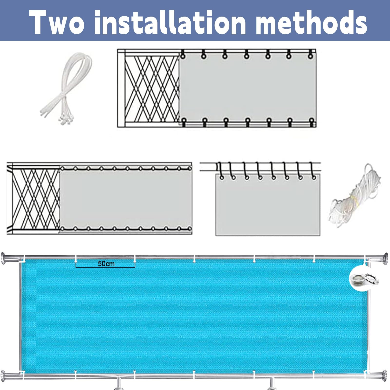 Balkon 50 x 300 cm tkanina chroniąca przed promieniowaniem UV z przelotkami, osłona balustrady na taras, niebieska osłona na taras i balkon