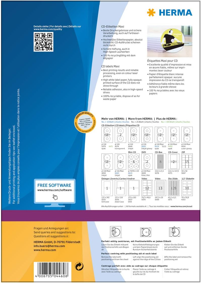 Herma Self Adhesive Full Face CD Labels, 2 Labels Per A4 Sheet, 200 Labels for Printers, with Positioning Aid, Ø 116 mm Maxi (4460), White