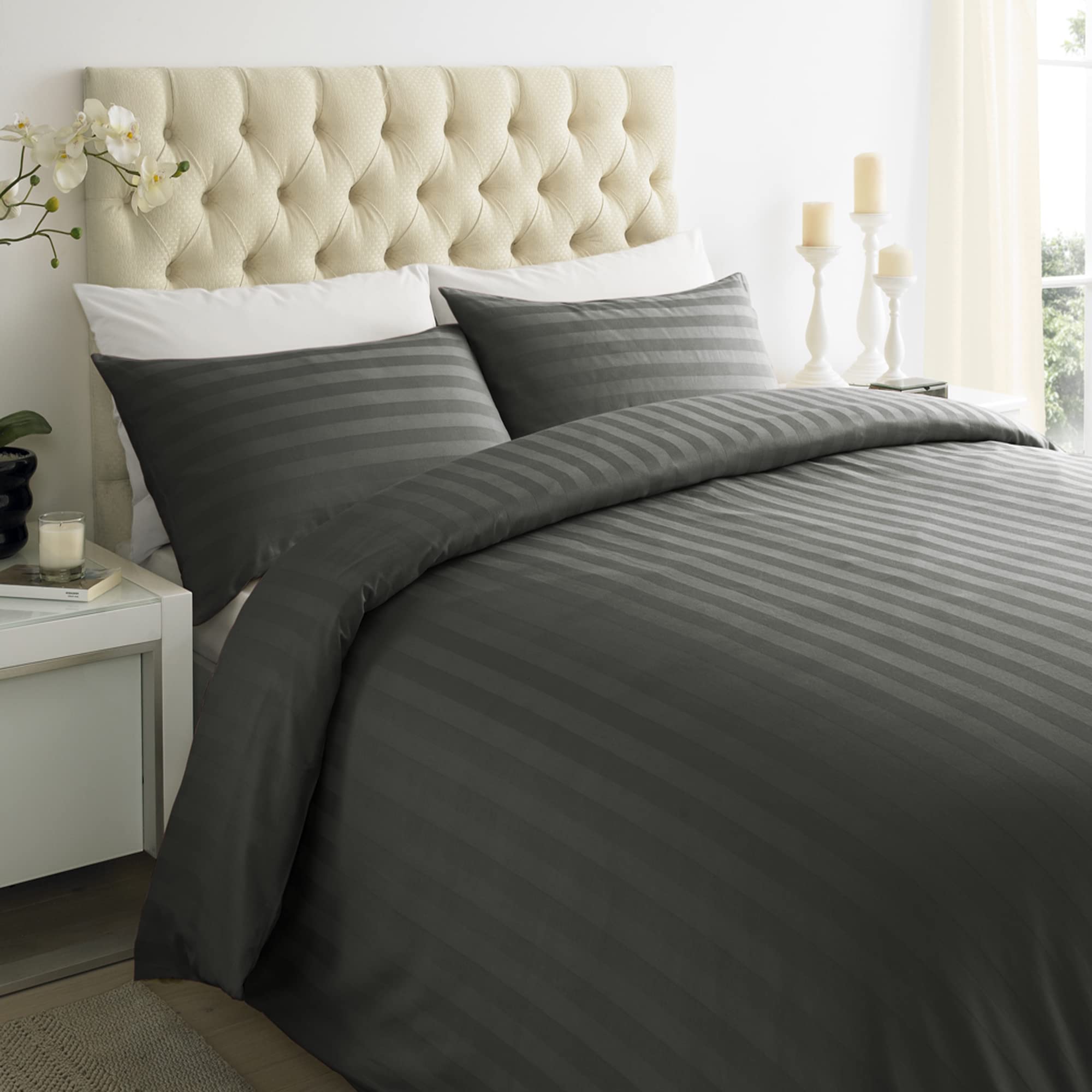 ED Luxury 250 Thread Count 100% Cotton Sateen Stripe Duvet Bed Cover with Housewife Pillowcases | 250 TC Hotel Striped Bedding (Double/Steel Grey)
