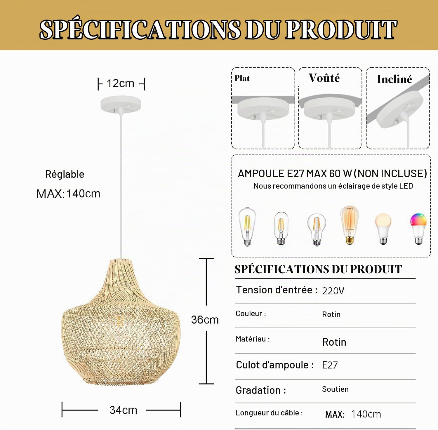 Boho Lustre Salon Rotin,34Cm Tissé à La Main Suspension Luminaire Ferme E27 Luminaires IntéRieur Pour Cuisine Chambre Salon Salle à Manger
