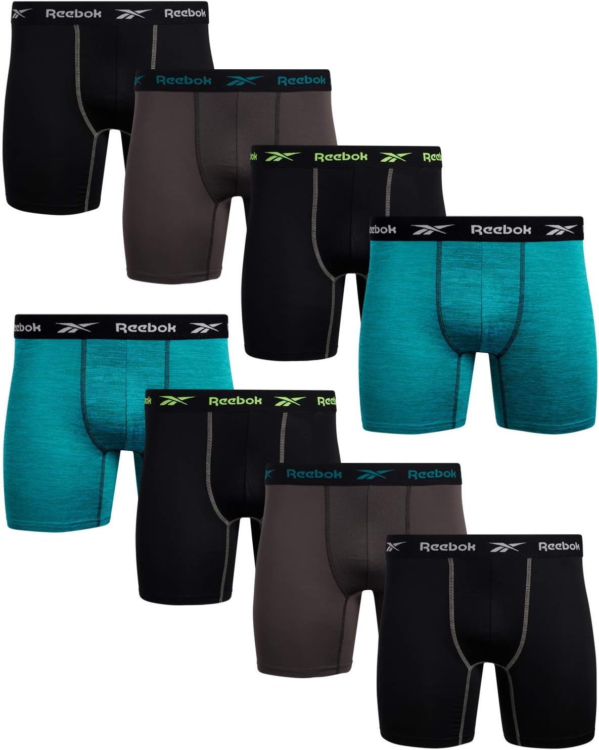 Reebok Mens Boxer Briefs - 8 Pack Stretch Performance 6" Inseam Moisture Wicking Mens Underwear Boxers with Contour Pouch
