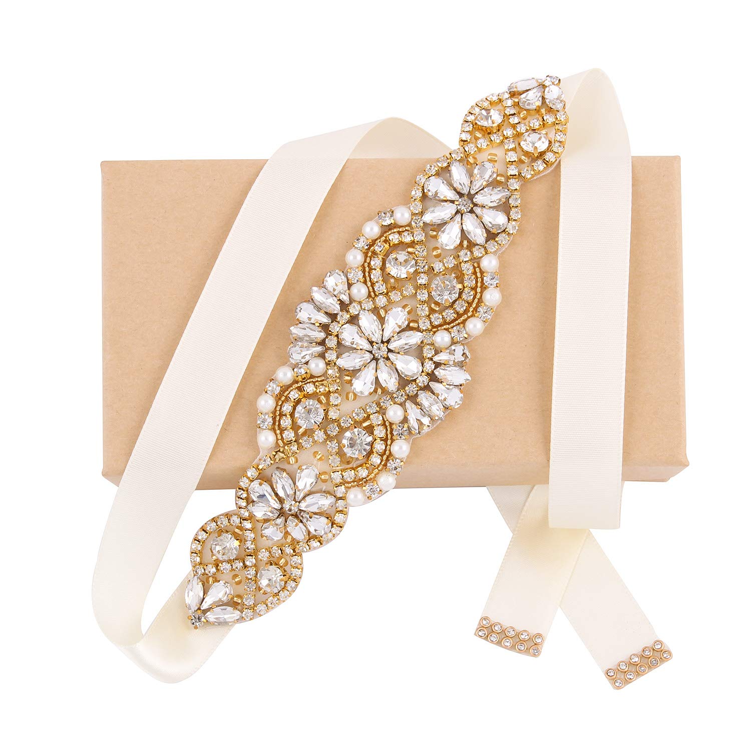 WEZTEZ Bridal Belt Handmade Crystal Wedding Sash Rhinestone Sash for Flower Girl Evening Dress, G+ivory, 106.69x0.78 Inches