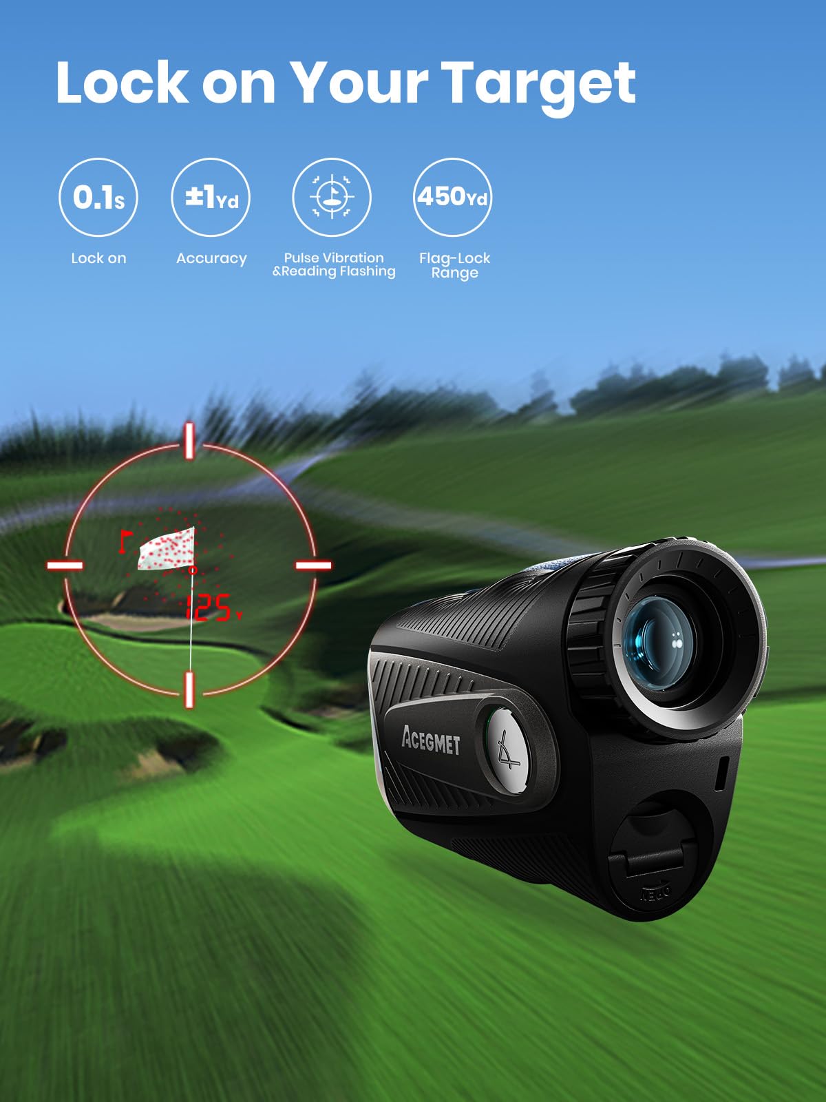 ACEGMET Telémetro de Golf con Distancia Bola-Bandera y Función de Inclinación - 1300 yd, Bloqueo de Bandera 0.1s con Vibración, Aumento 7X, Batería Híbrida Recargable, Pantalla Rojo/Negro, Imán