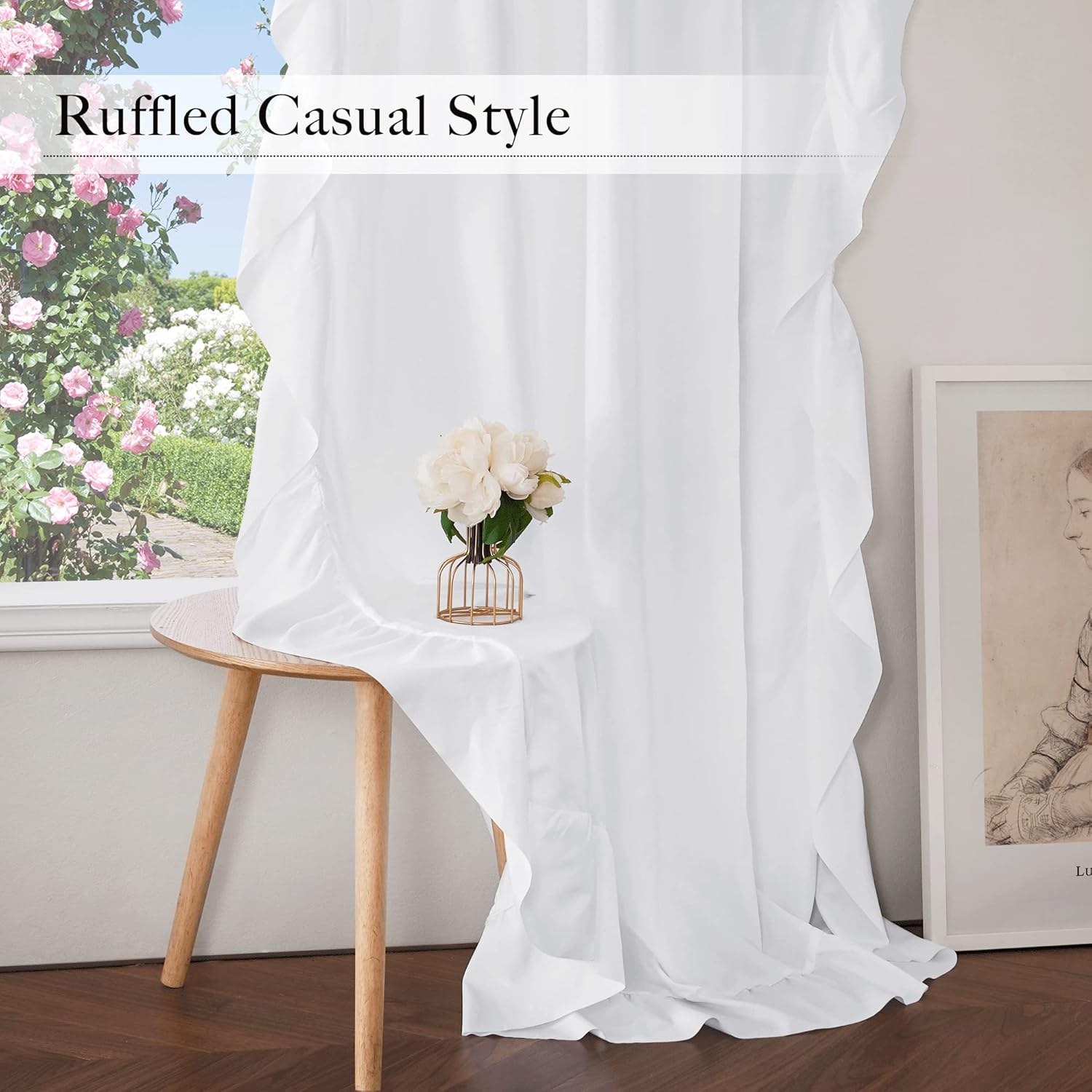 NICETOWN White Ruffle Shabby Chic Curtains 84 inch Long, Rod Pocket Privacy with Some Soft Light Filtering French Country Flowy Drapes for Living Room/Farmhouse/Bedroom, 2 Panels=104" Wide