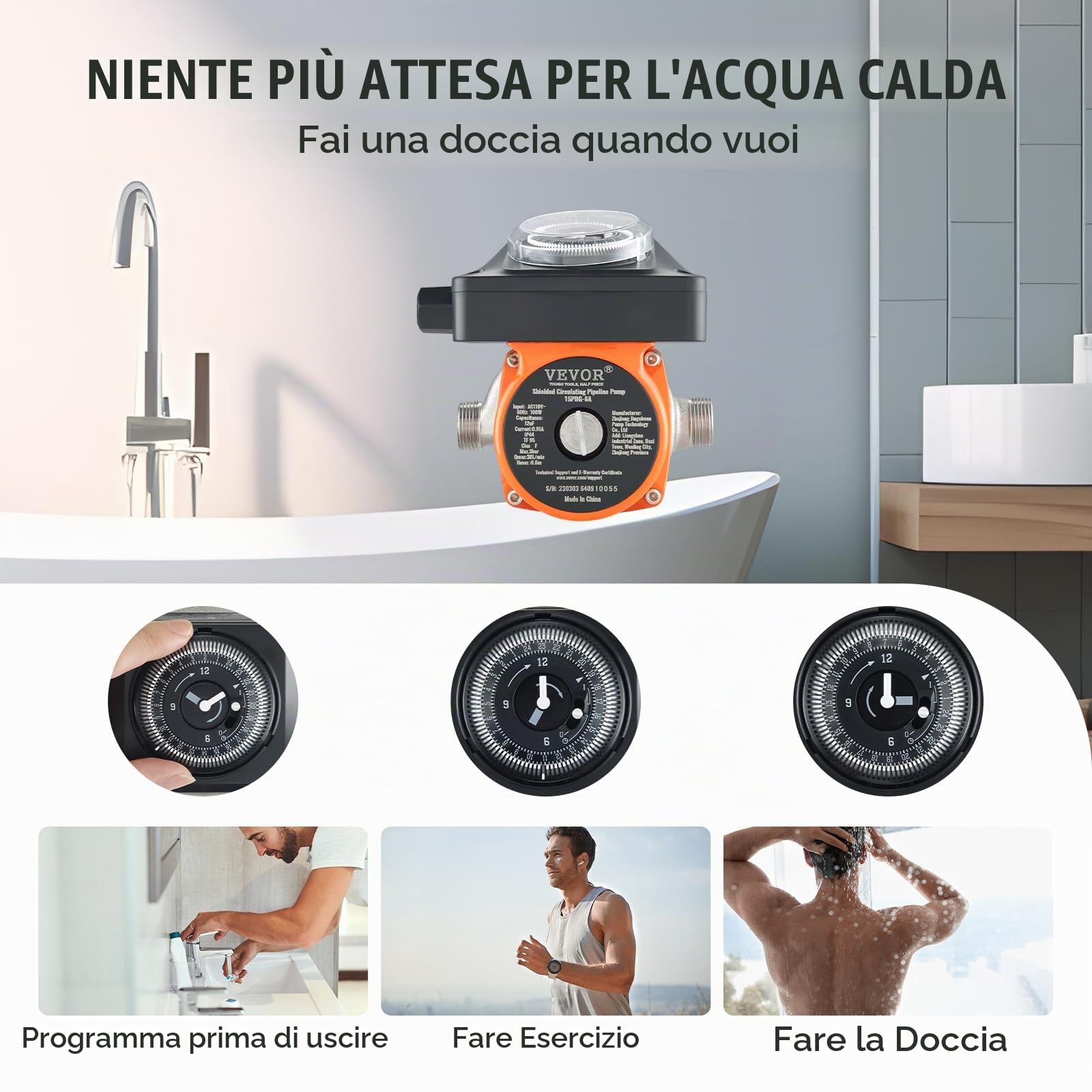 VEVOR Pompa per Circolazione dell'Acqua Calda per Impianti Domestici 100W Flusso Max. 38L/min Pressione fino a 0,6bar, Pompa di Circolazione per Acqua Caldaia Rumore Basso 3dB Acciaio Inox 304 2,7 kg