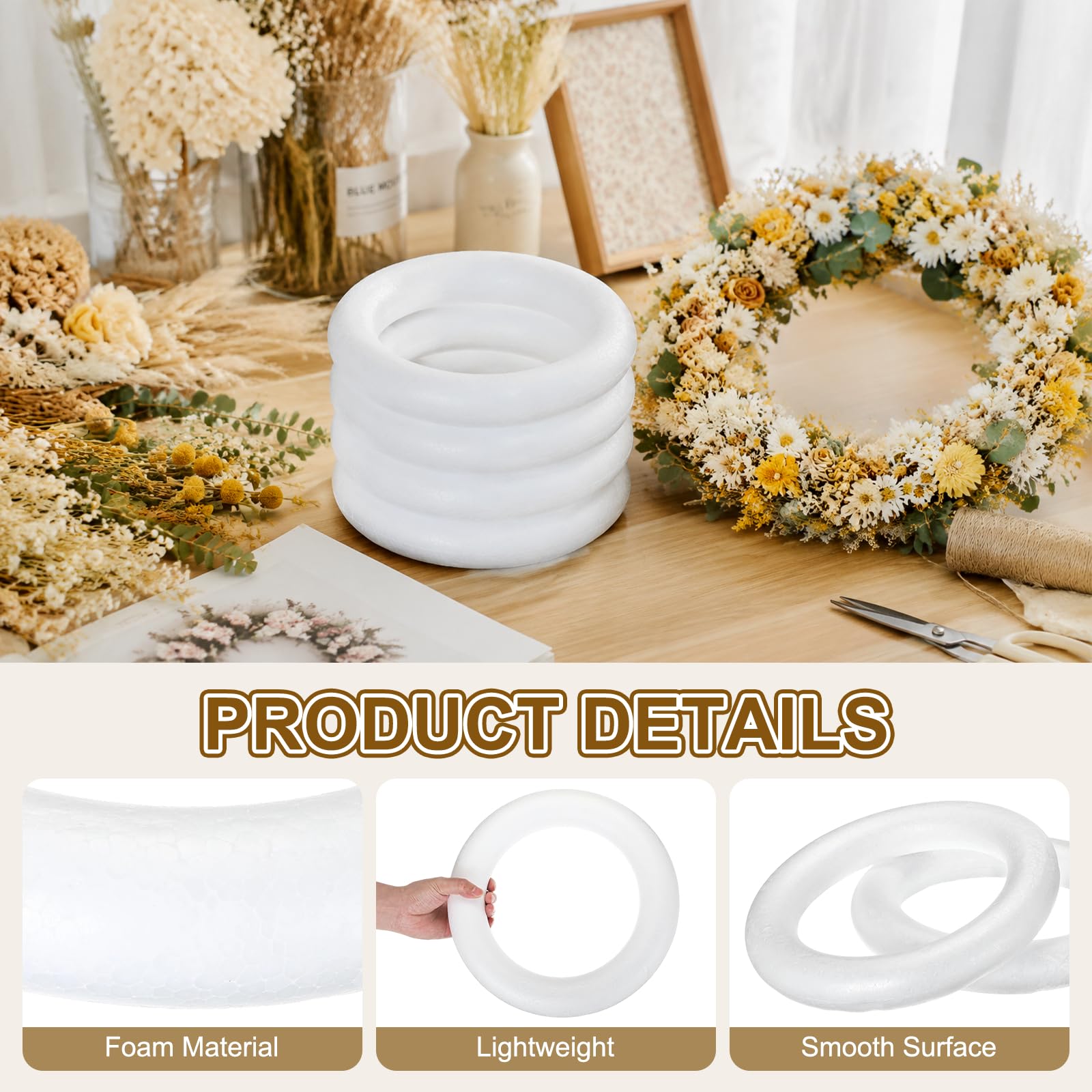 MECCANIXITY Lot de 2 couronnes en mousse Blanc 30 cm / 11.81in | Couronne ronde en mousse légère en polystyrène pour mariage, maison, projets floraux, loisirs créatifs, décoration de Noël