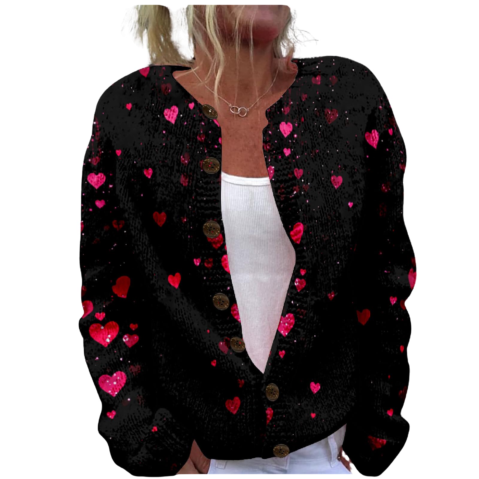 Heart Sweater for Women Valentines Day Cardigan Chunky Button Up Knitted Oversized 2025 Fashion Cropped Blouses