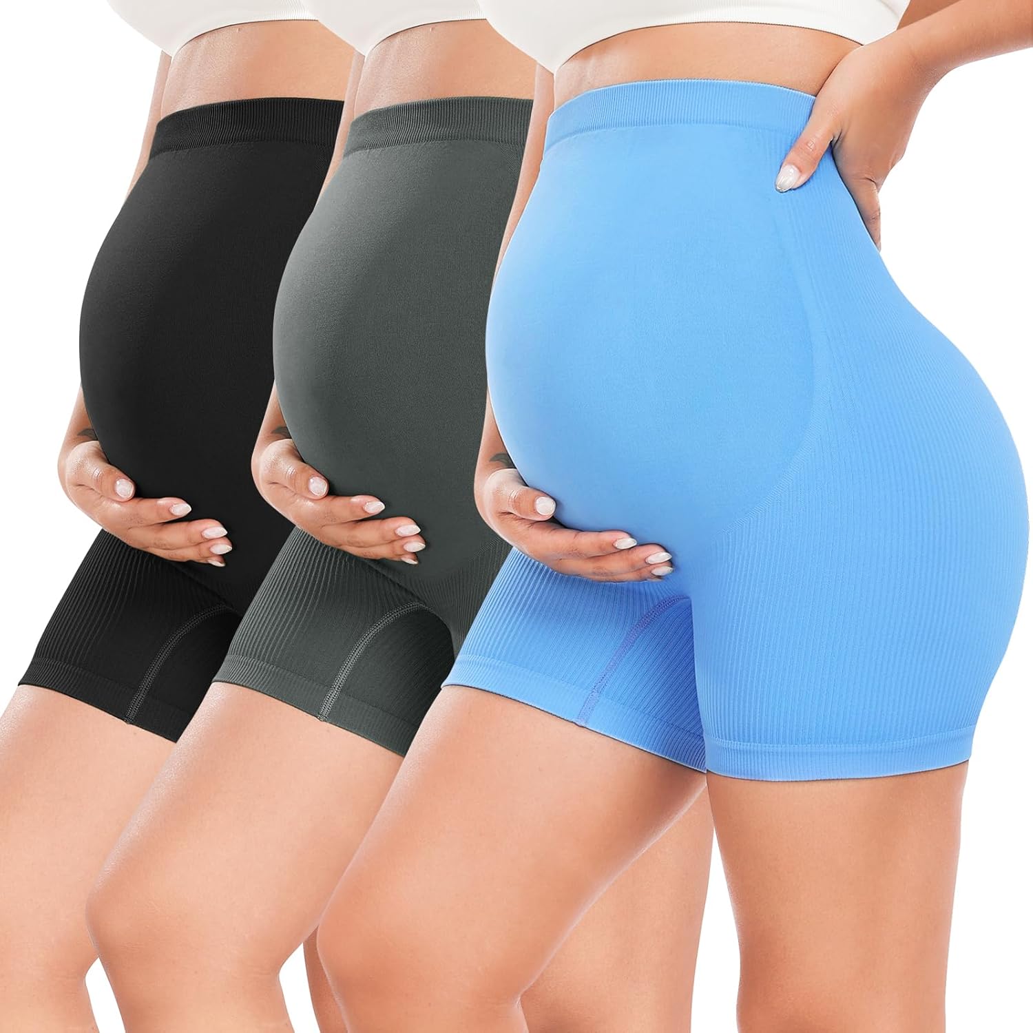 URUWASHI Ribbed Maternity Shorts Over The Belly Seamless 5" Pregnancy Workout Athletic Biker Shorts for Women Black/Grey/Sky Blue Medium