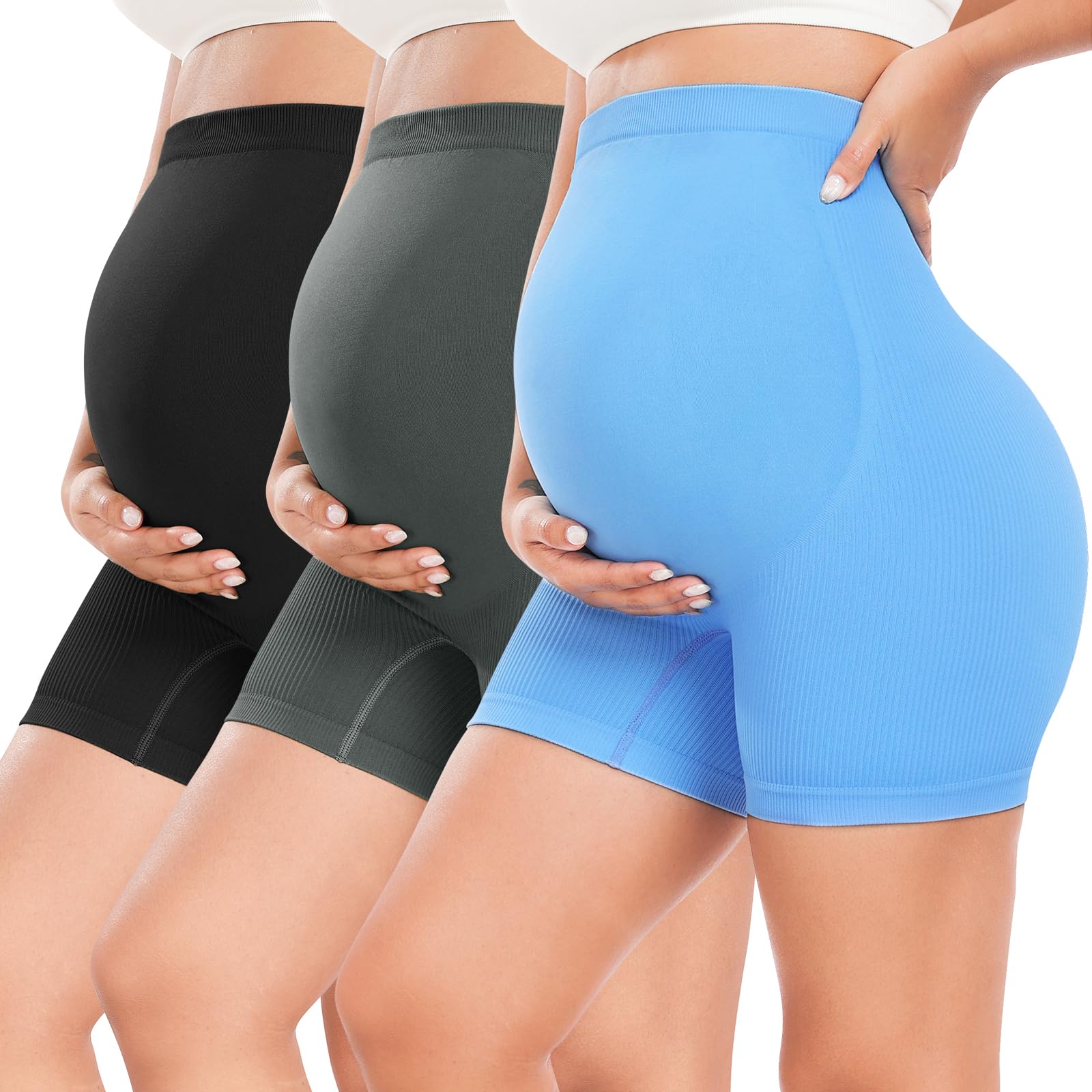 URUWASHI Ribbed Maternity Shorts Over The Belly Seamless 5" Pregnancy Workout Athletic Biker Shorts for Women