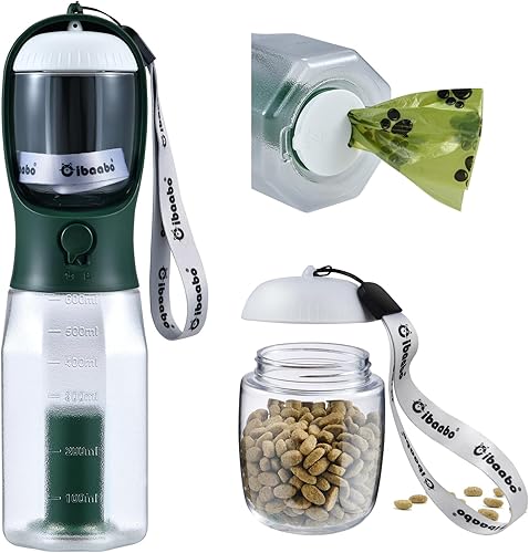 Botella de agua para perros con contenedor de alimentos y soporte para bolsa de excrementos, cuenco de agua de viaje, dispensador portátil para