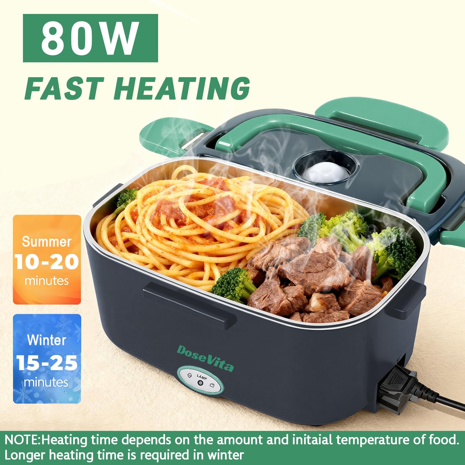 Elektrische Lunchbox, 80W Beheizte Lunchbox 1.5L, 12V/24V/230V Tragbarer Speisenwärmer für Erwachsene, Auslaufsicherer Edelstahl Lunch-Heizung mit Isoliertasche & Besteck für Auto, LKW, Büro