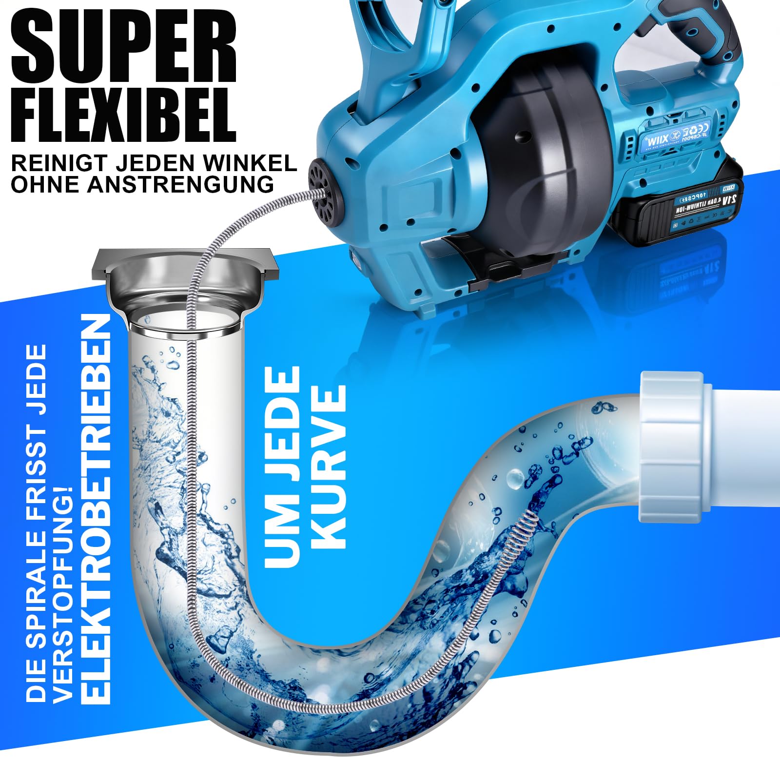 7,6m Akku-Rohrreinigungsspirale mit 2X Akku Elektrisch Rohrreinigungsmaschine, Kompatibel mit Makita 18V Akku, Abflussreiniger f. 19-85mm, Rohrreiniger Abfluss Spirale f. Küche Bad Toilette, 650U/m