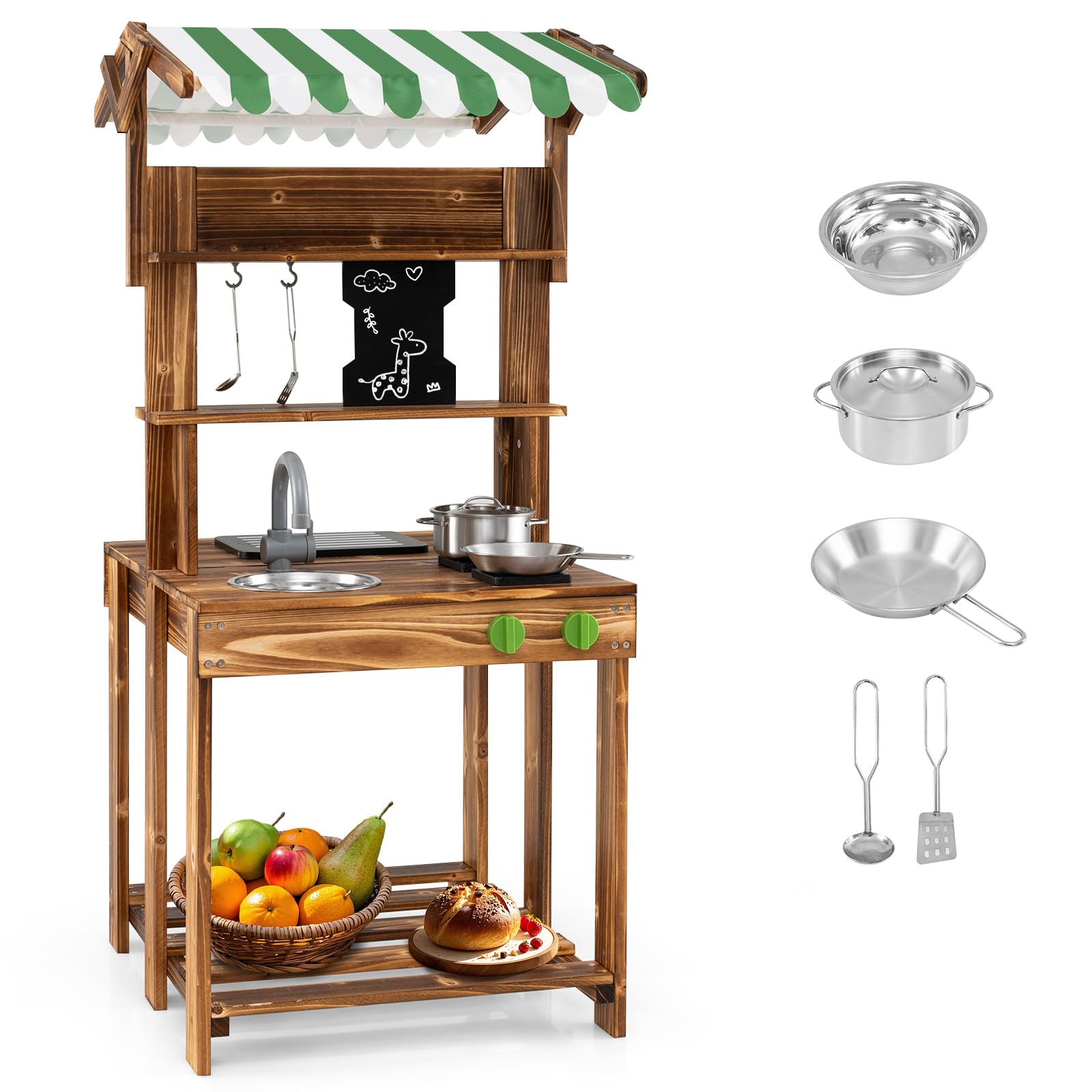HOMASIS Cuisine d'extérieur en Bois avec auvent, Cuisine Jouet pour Enfants Double Face avec Tableau Noir, Robinet, 4 ustensiles et 2 Crochets, Barbecue Jouet pour Enfants à partir de 3 Ans, Vert