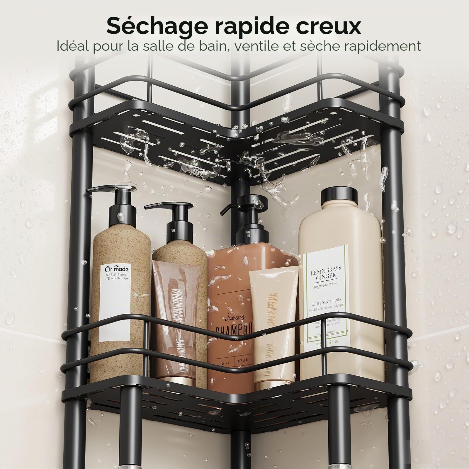Orimade Lot de 3 étagères de Douche Debout - sans perçage - pour Salle de Bain - Noir