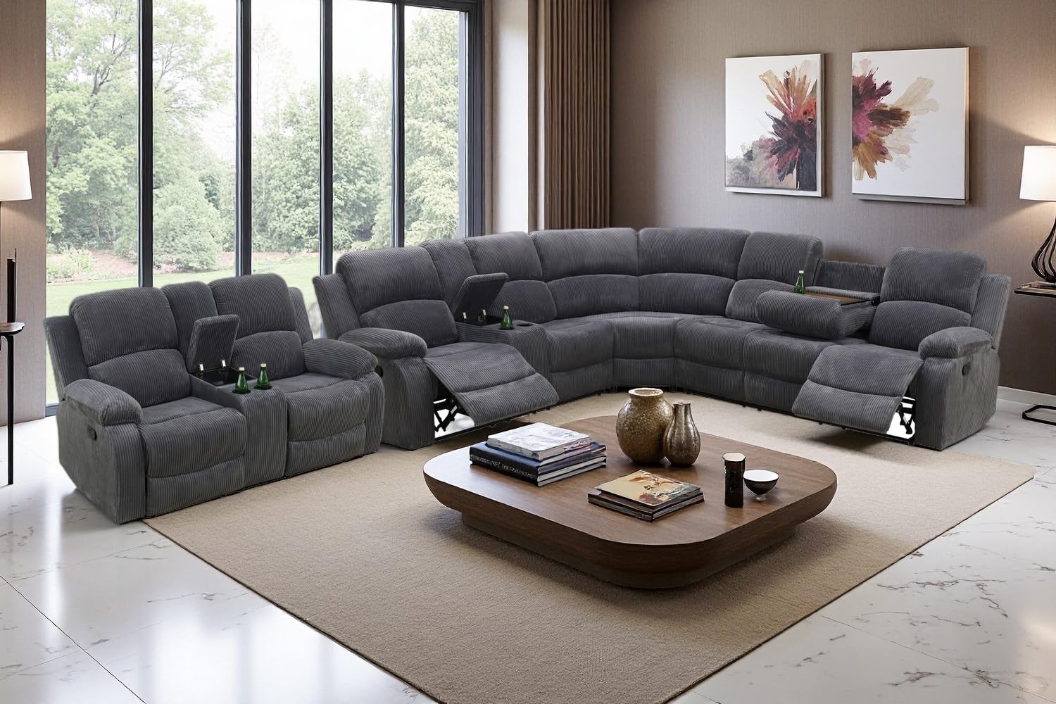 Sectional Recliner Sofa Set with Storage, Living Room Furniture Set Corduroy Sofa Sets Manual Reclining Sectional Couches for Living Room with 4 Recliner Seats(Living Room Set, Dark Grey)