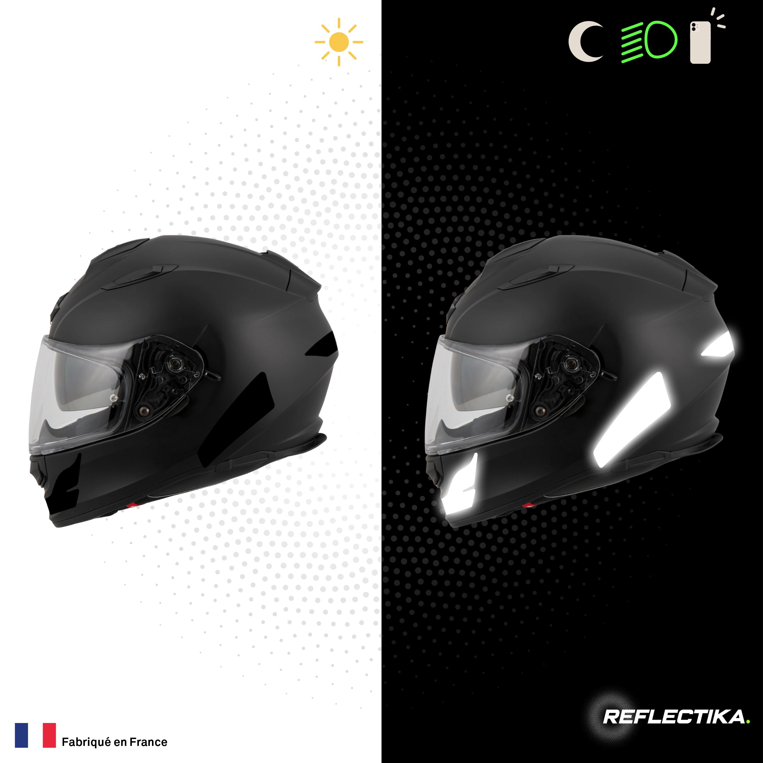 Kit Spécial Autocollants Stickers Réfléchissants pour Casque Moto Scorpion Kit Universel - Adhésif Noir de Signalisation Homologués Normes Française - Visibilité de Nuit - 5