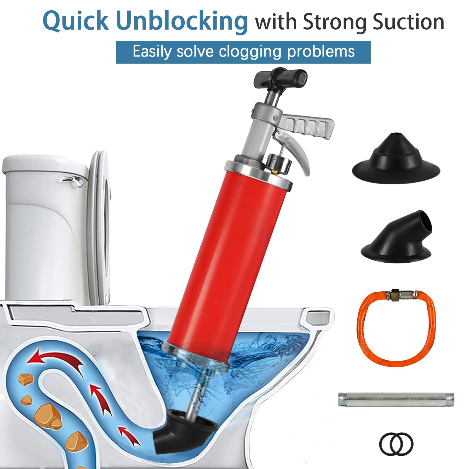 Bomba de drenaje de aire portátil cinético de alta presión para baño, ducha, cocina, tubo obstruido (rojo)