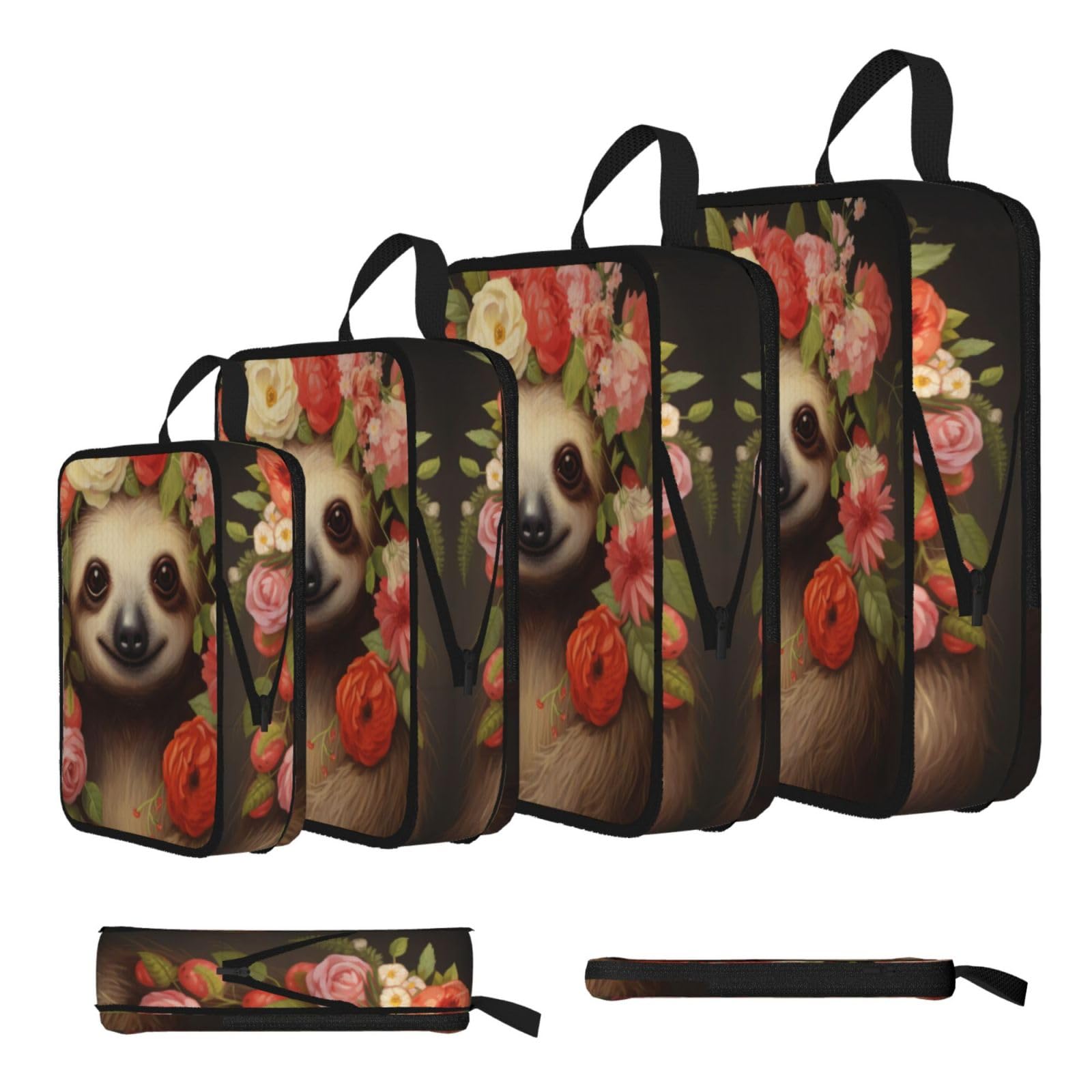 Sxzvvbn Black Sloths Wearing Flowers Compression Packing Cubes 4 Piece Set