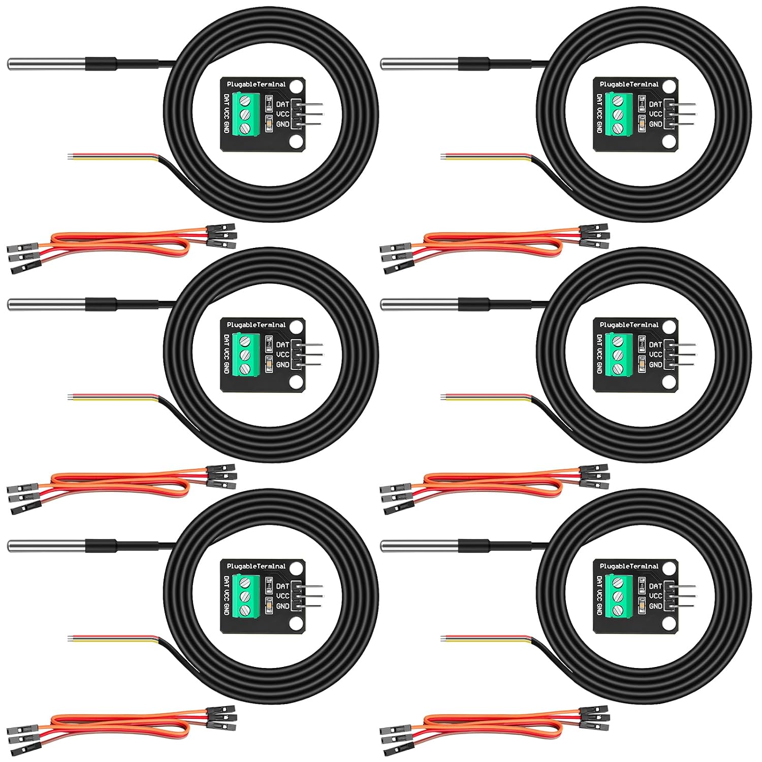 6 Pack DS18B20 Temperature Sensor High-Accuracy Stainless Steel Temperature Probe with Adapter Board and Jumper Wires for Arduino ESP32 Raspberry Pi