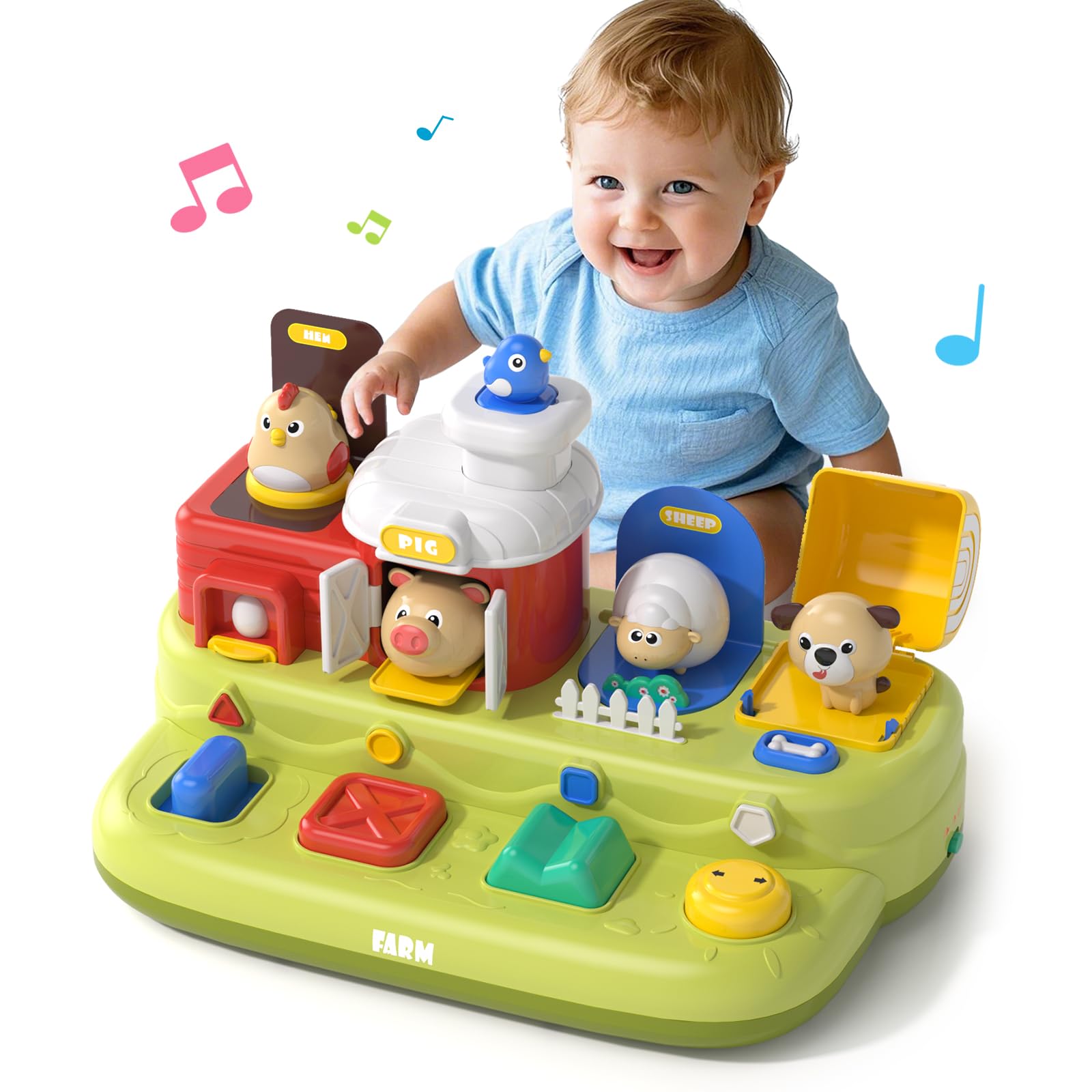 Interactive Pop Farm Animal Up Toys With Music Sounds,Cause and Effect Pop Up Toy for 1 year old,Learning Educational Montessori Toy for Toddlers 1-3,