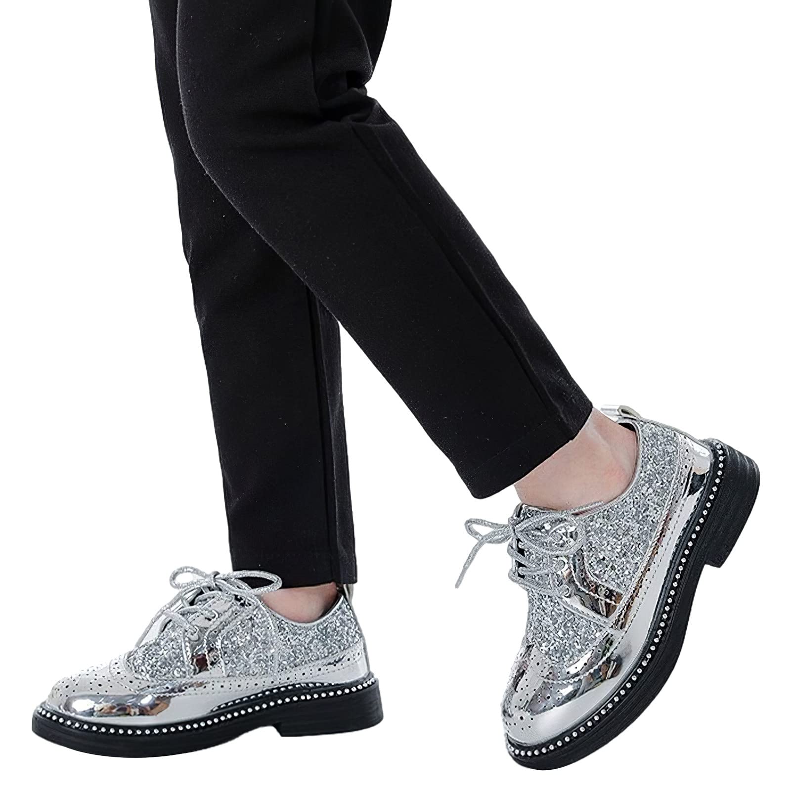 rismart Ragazzi Ragazze Stringata Brogue Oxfords Punta Rotonda Scintillante Paillettes Scarpe da Vestito Formali