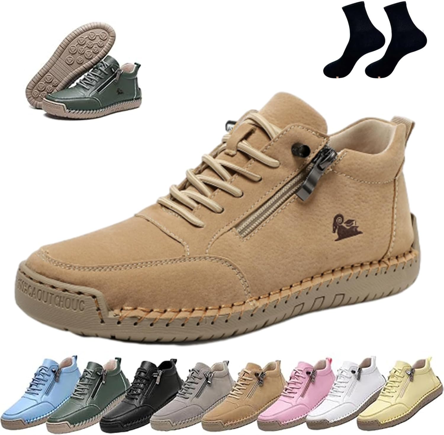 Women's Handmade Leather Orthopedic Comfy Shoes, Outdoor Casual Driving and Walking Shoes, Lightweight Non Slip Ankle Boots with Side Zipper