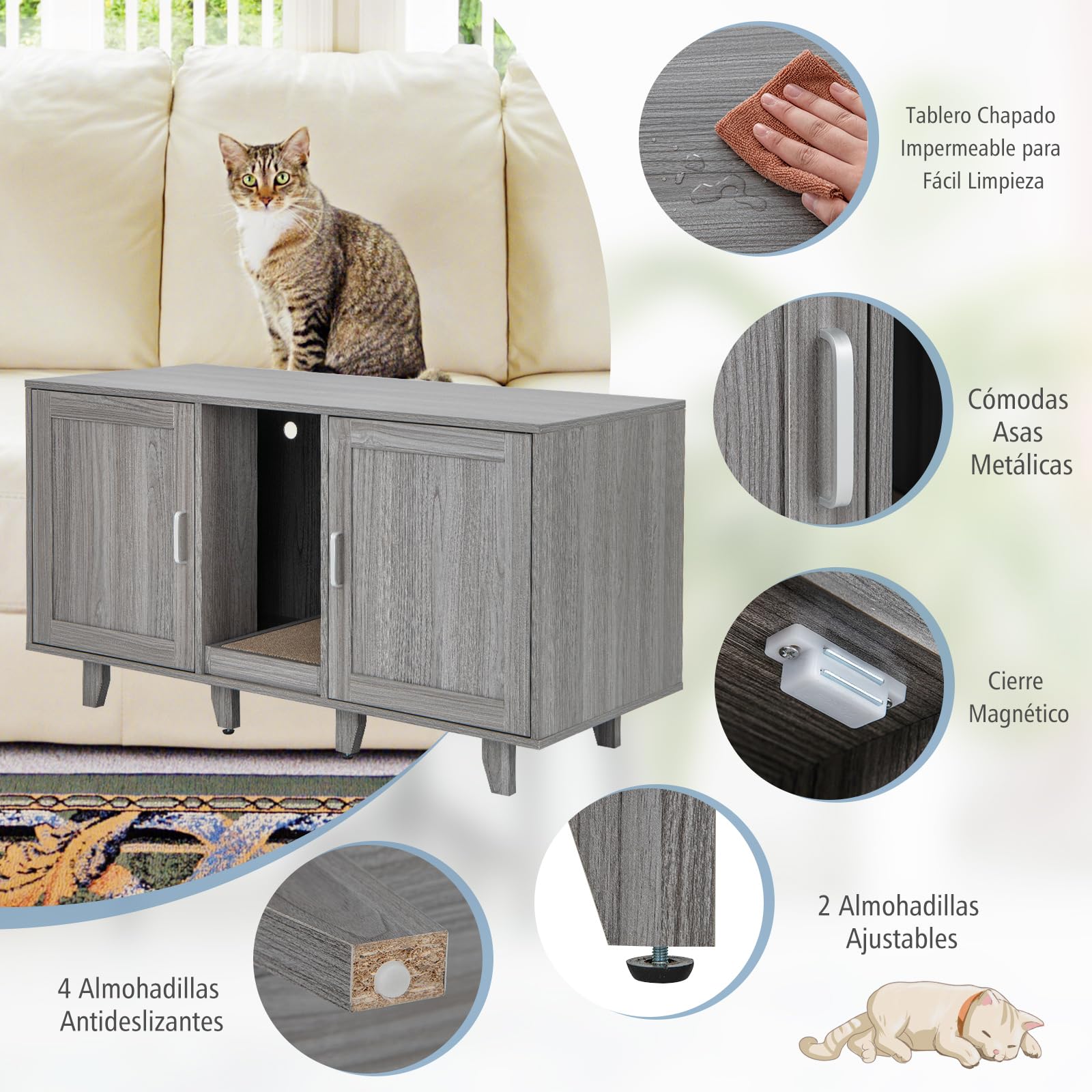 COSTWAY Cajas de Arena para Gatos, Casa de Baño Oculto para Mascota con 2 Puertas, Arenero Cubierto con Entrada Sinuosa y Tablero Rascador, Mesa Auxiliar para Gatos 120 x 52 x 65 cm (Gris Oscuro)