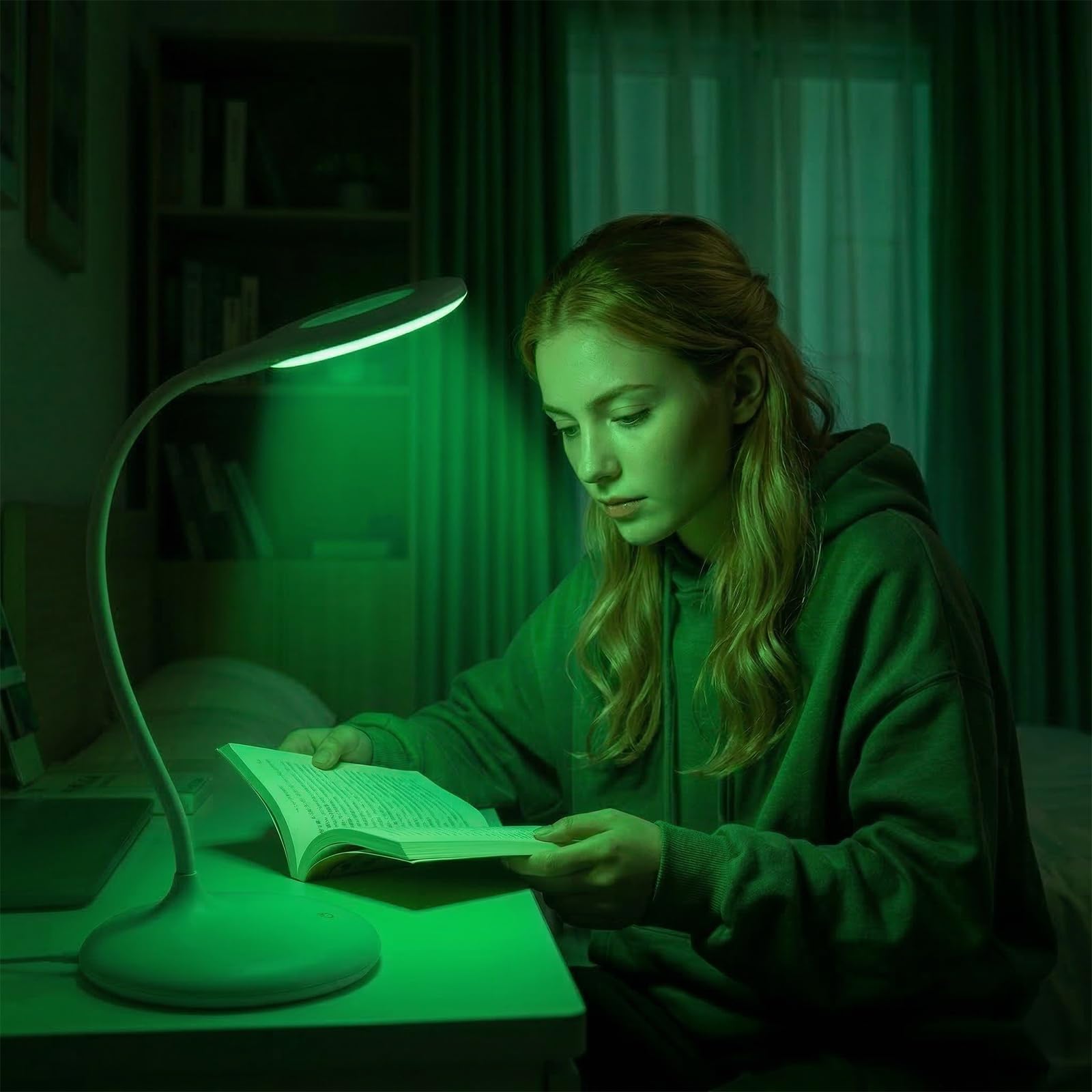 Lampada da lettura a luce verde, 520 nm, lampada terapeutica verde per mal di testa, emicrania, ansia e sonno, senza sfarfallio, ricaricabile USB-C, luminosità regolabile