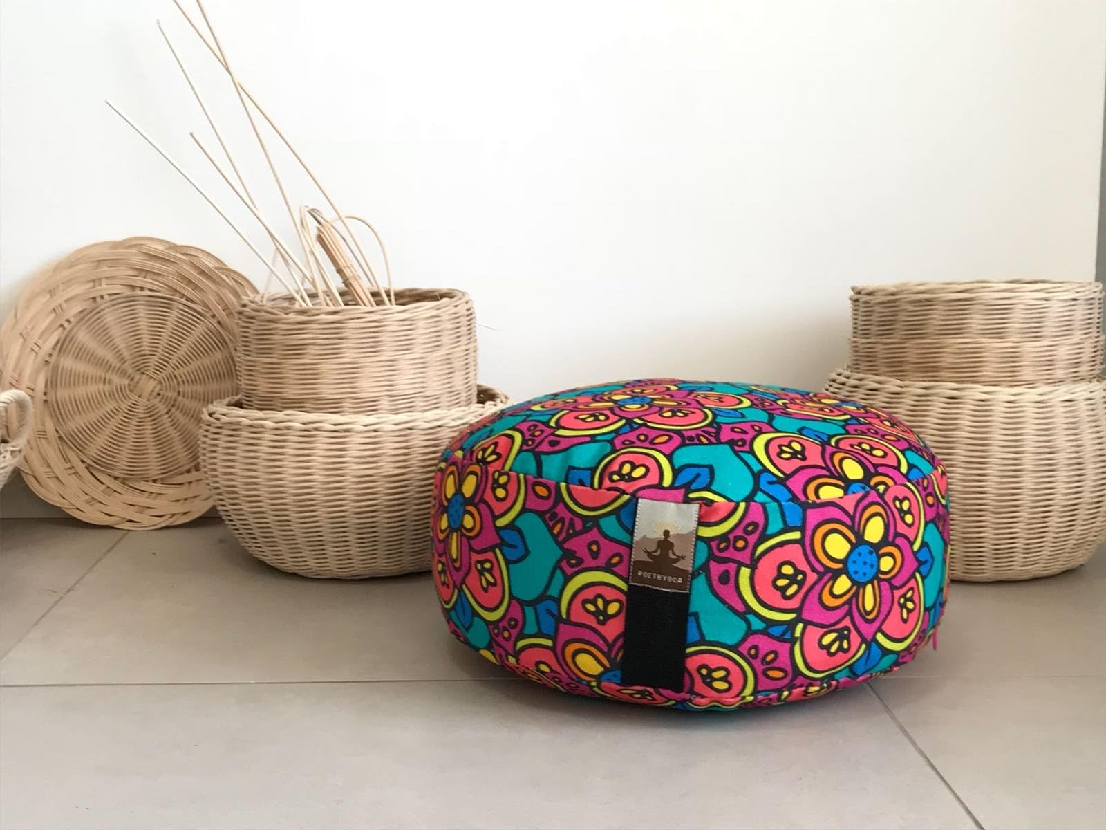 POETRYOGA Zafu Meditation Cushion Buckwheat Hull Fill Pillow Bolster Yoga - 100% Natural Cotton Cover - Removable Washable Case - Carry Handle - Premium Designs