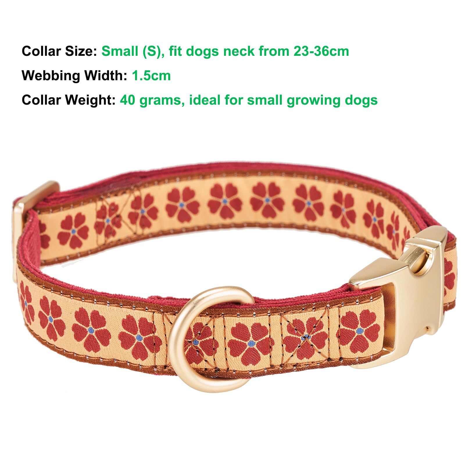 YUDOTE Collare per cani in morbido velluto a coste con nastro jacquard, di alta qualità, motivo floreale, per cani di piccola taglia, per uso quotidiano, rosso